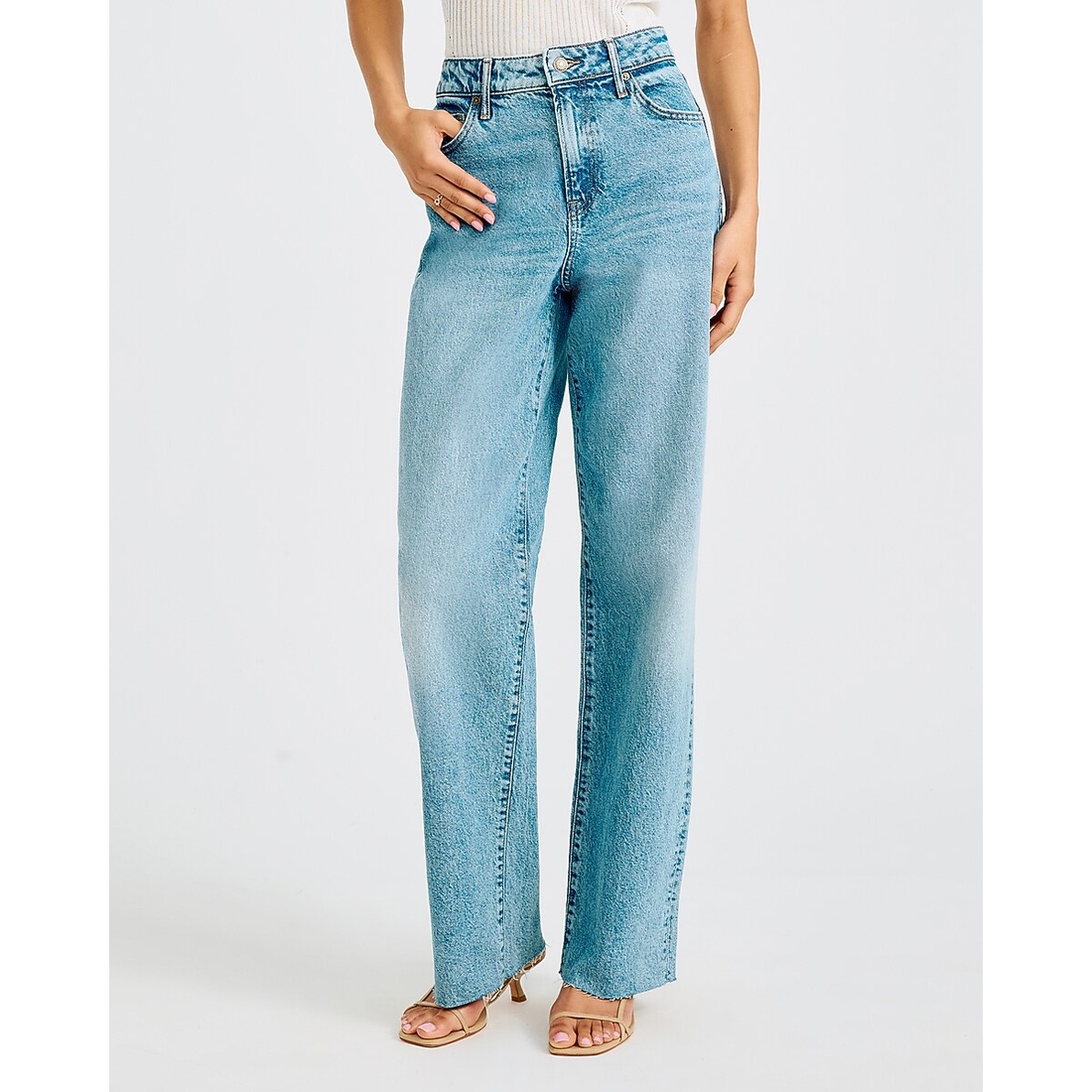 Express High Waisted Relaxed Raw Hem Straight Medium Wash Jeans
