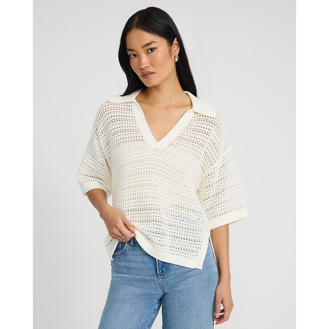 Express Oversized Cotton Open Stitch Collared Sweater Polo