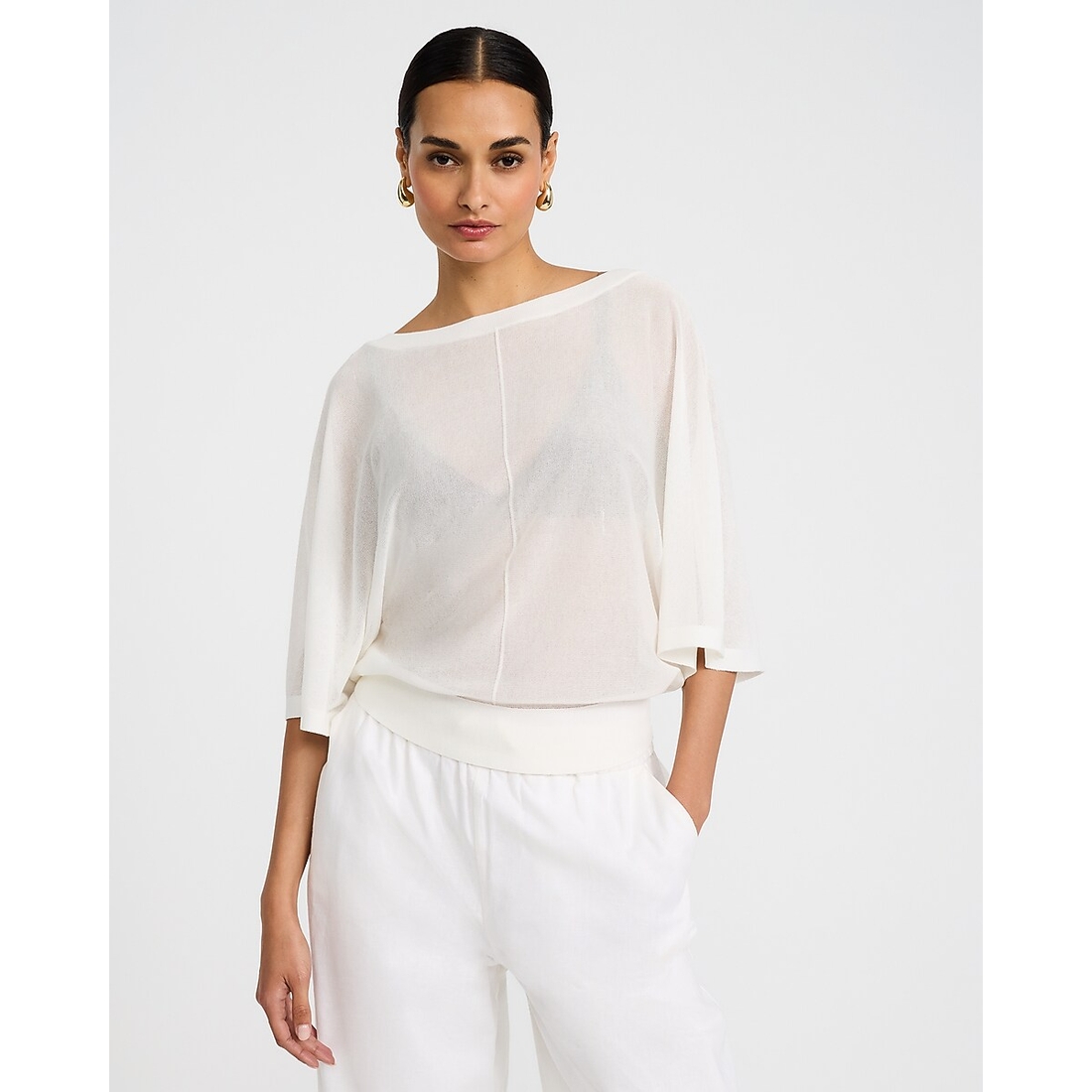 Express Sheer Boat Neck Dolman Sleeve Banded Sweater