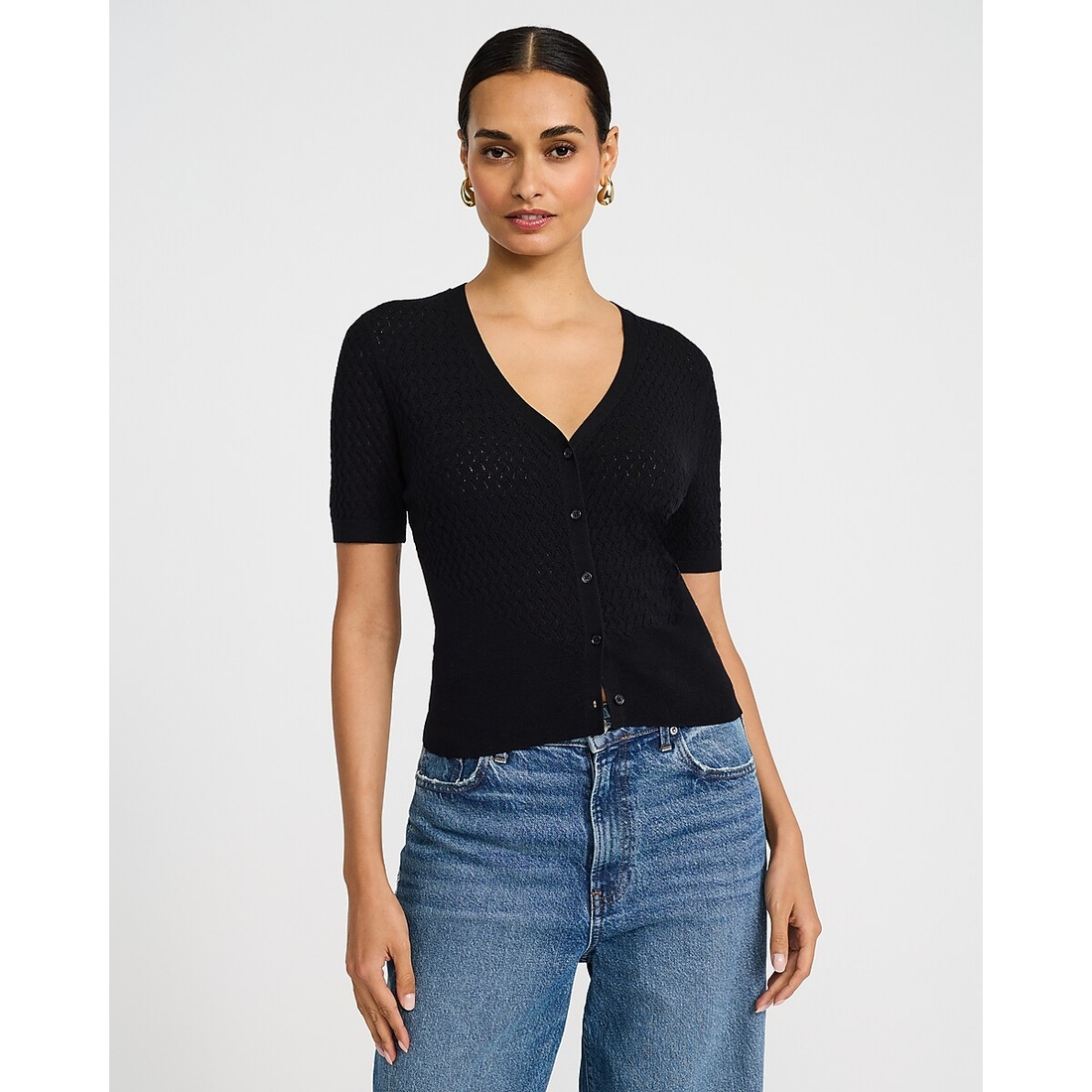 Express Fitted V-Neck Short Sleeve Button Front Cardigan