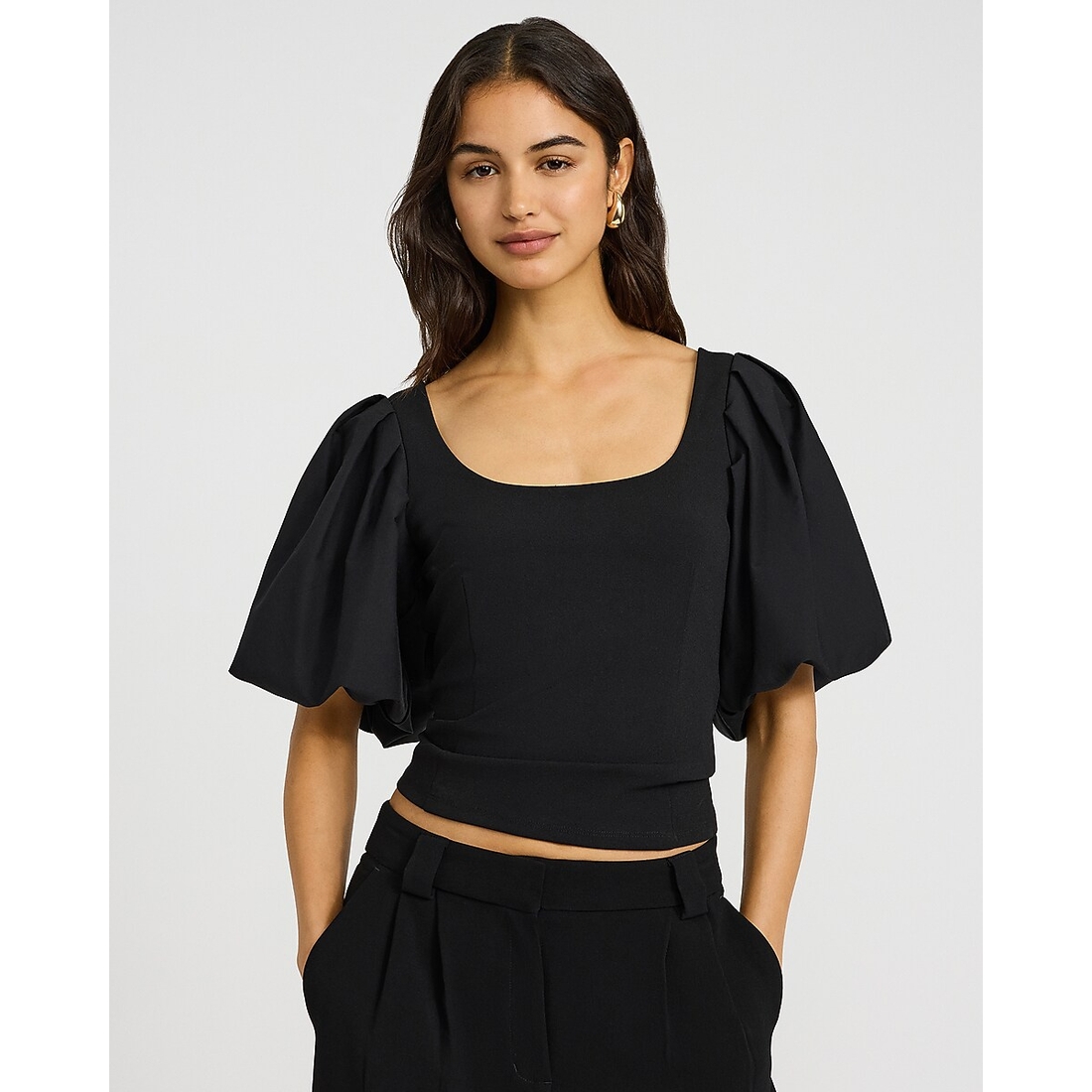 Express Scoop Neck Puff Sleeve Top in Studio Stretch Crepe