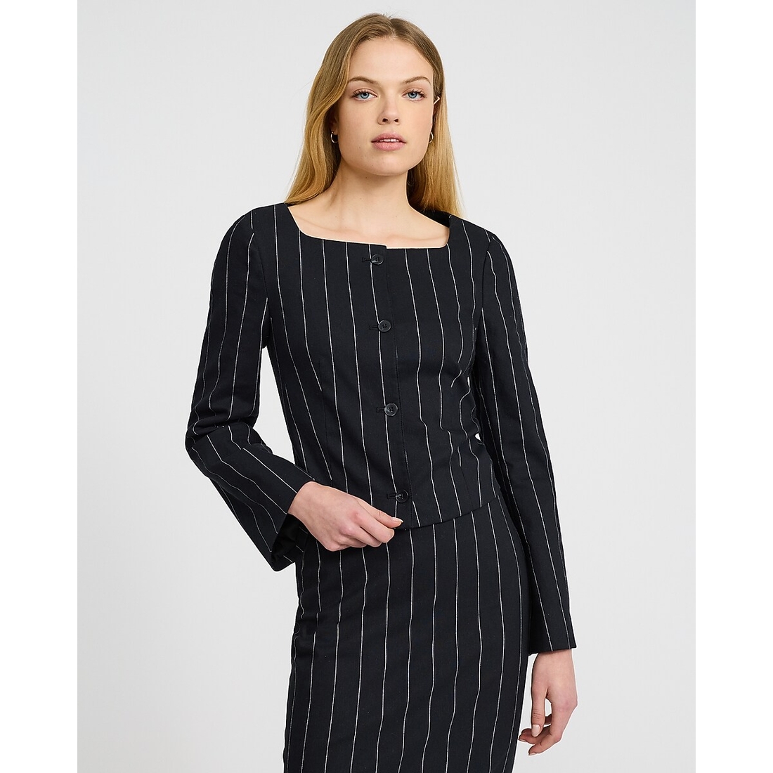 Express Linen-Blend Striped Collarless Square Neck Blazer