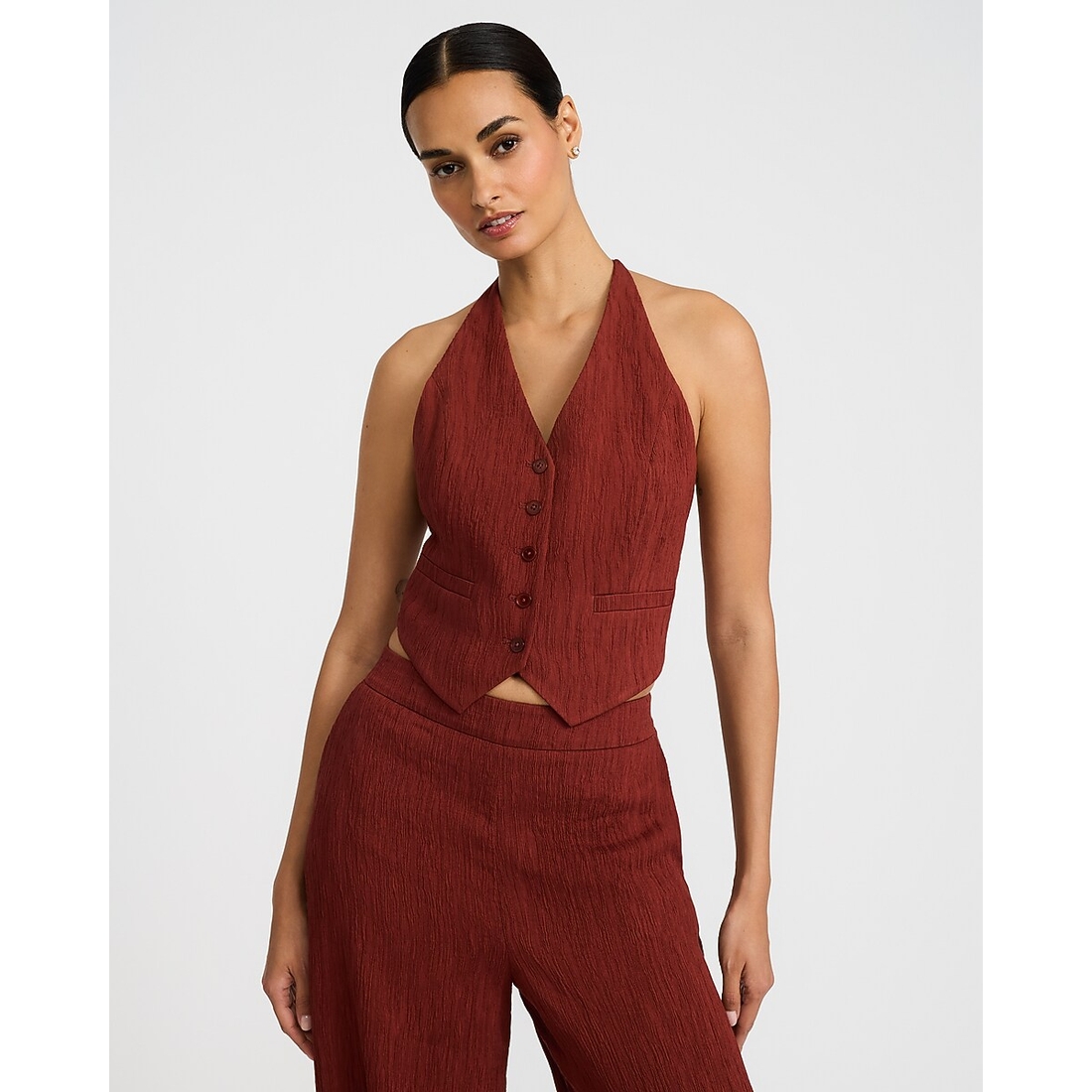 Express Textured Halter V-Neck Tie Back Blazer Vest