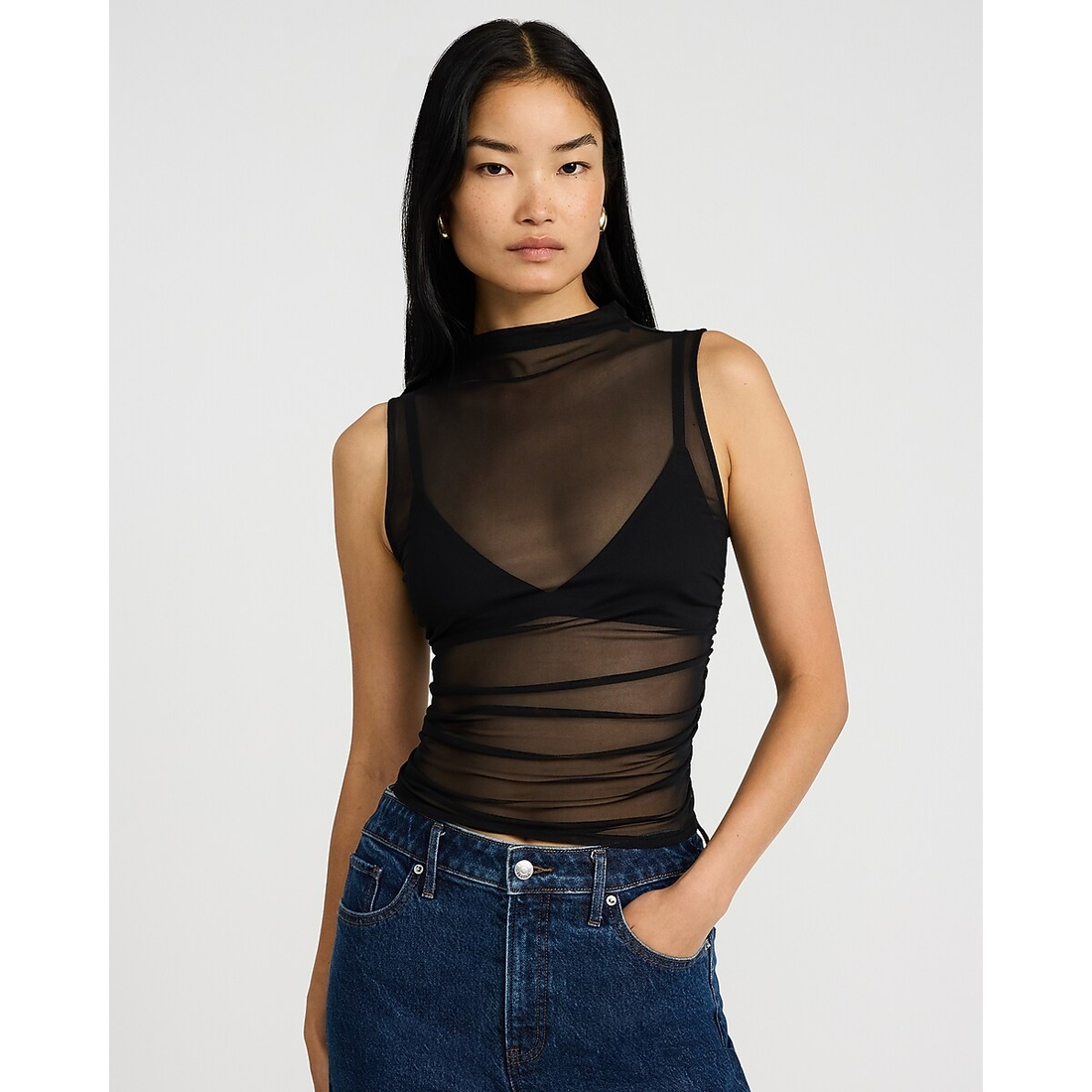 Express Mesh Mock Neck Ruched Tank