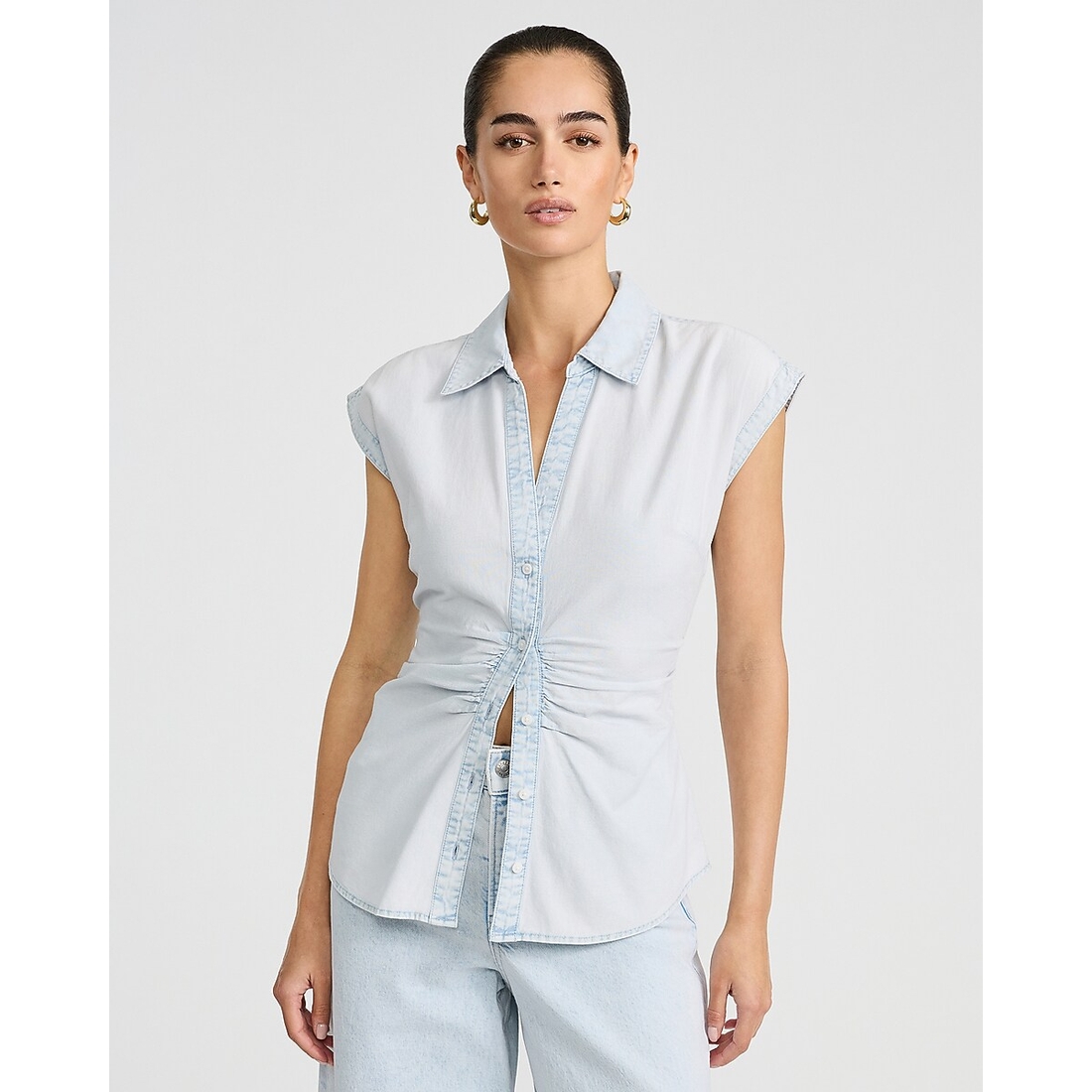 Express Cotton Denim Cap Sleeve Button Front Ruched Shirt