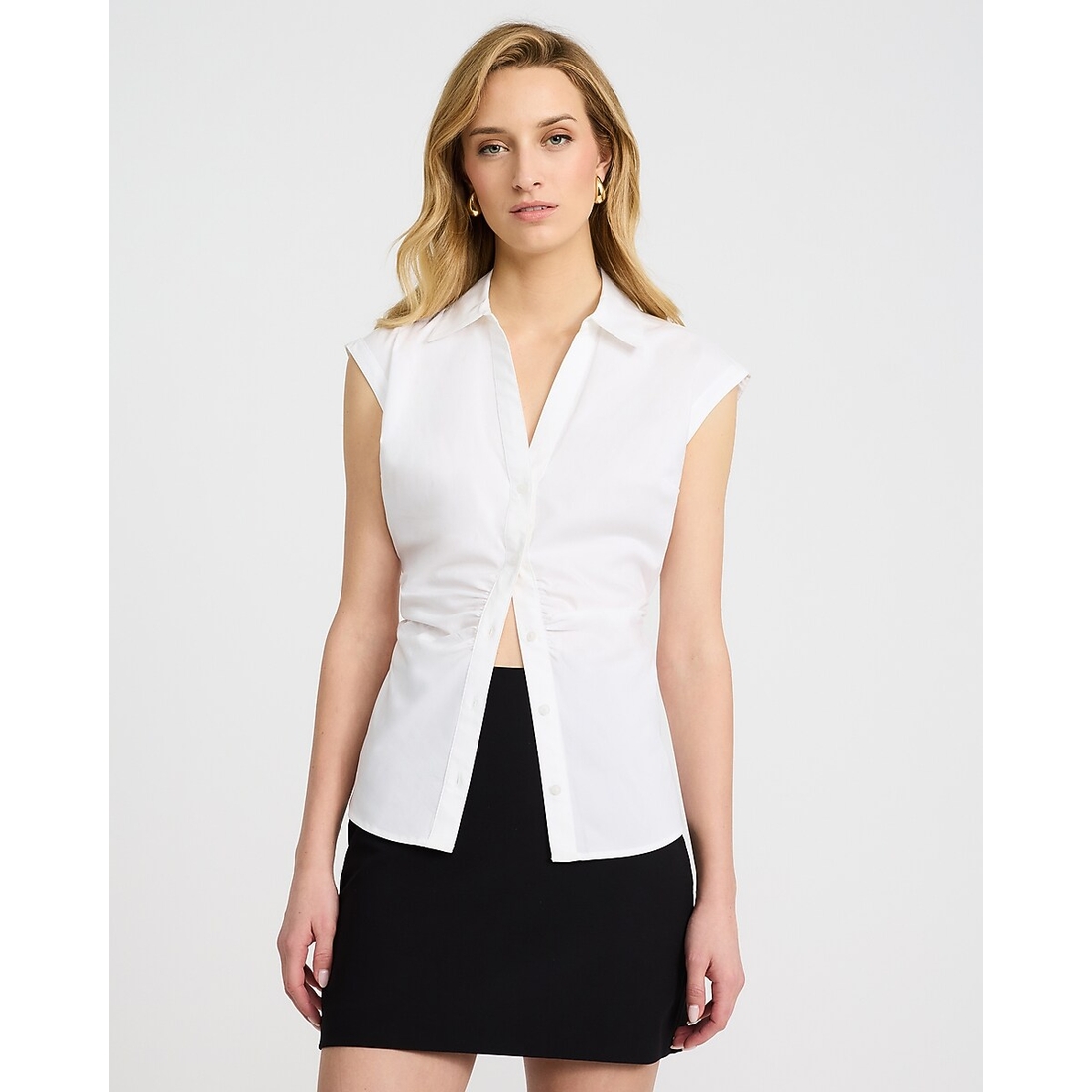 Express Stretch Cotton Poplin Cap Sleeve Ruched Shirt