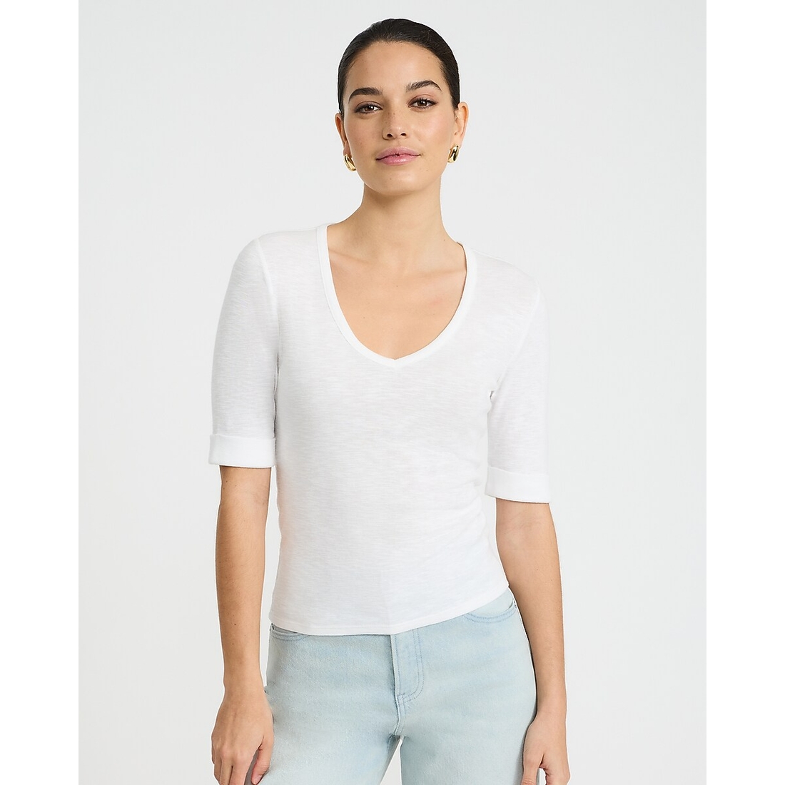 Express Fitted Ribbed V-Neck Elbow Sleeve Tee