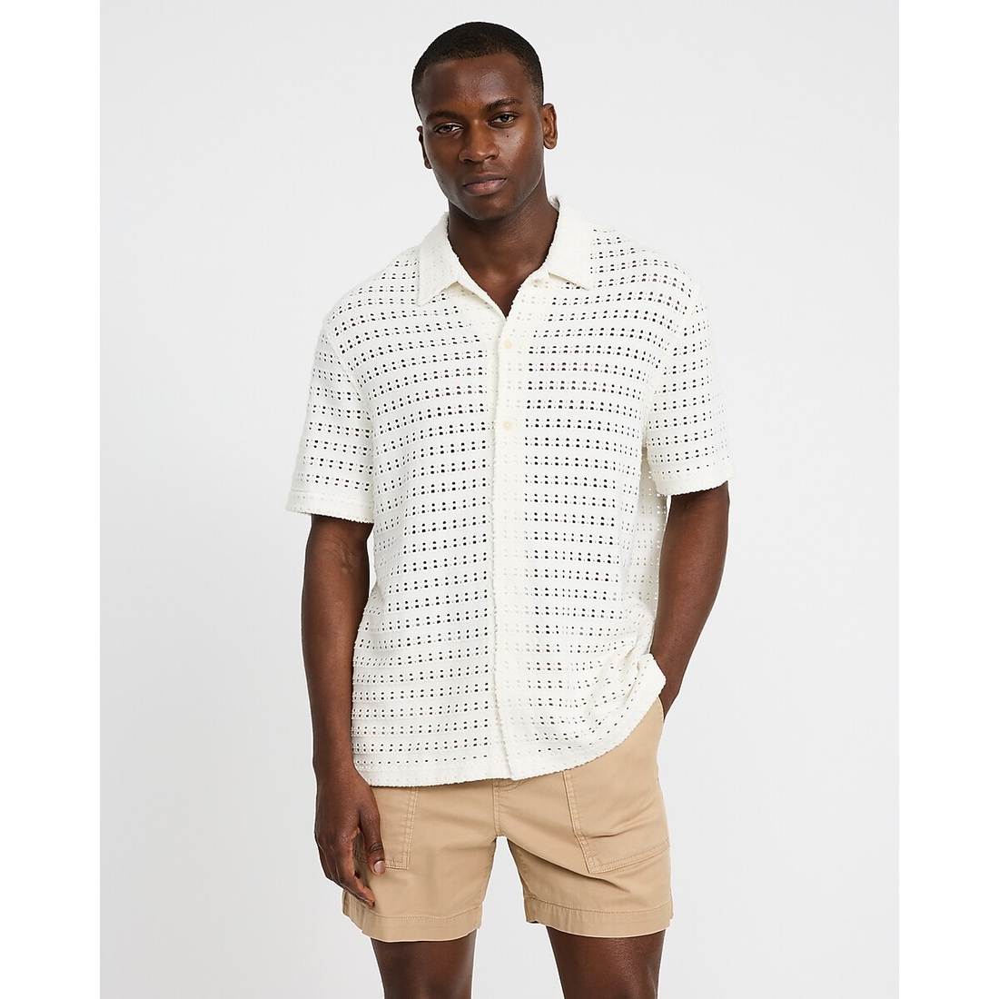 Express Crochet Solid Cotton-Blend Short Sleeve Shirt