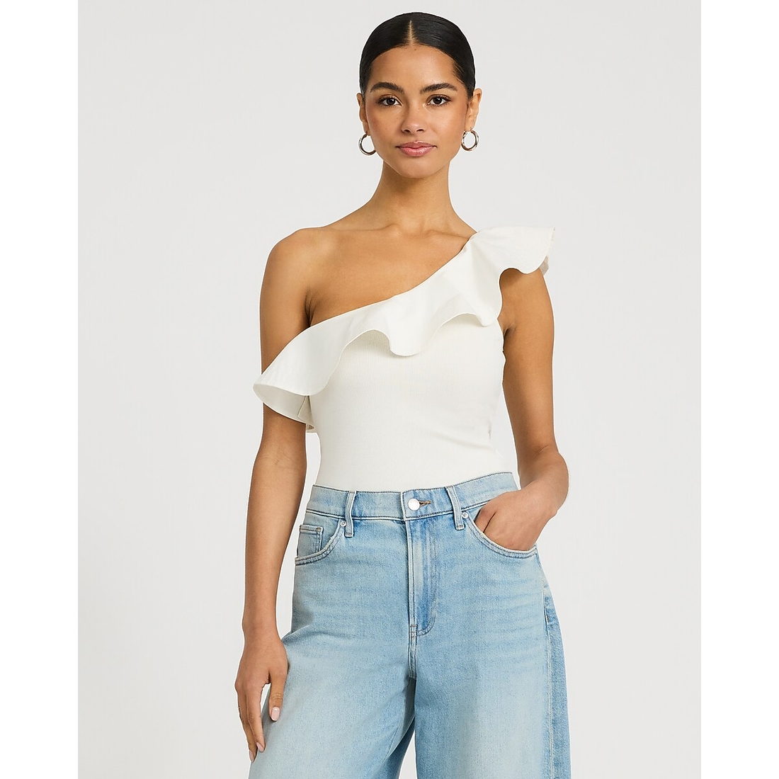 Express Ribbed One Shoulder Ruffle Bodysuit in Stretch Cotton