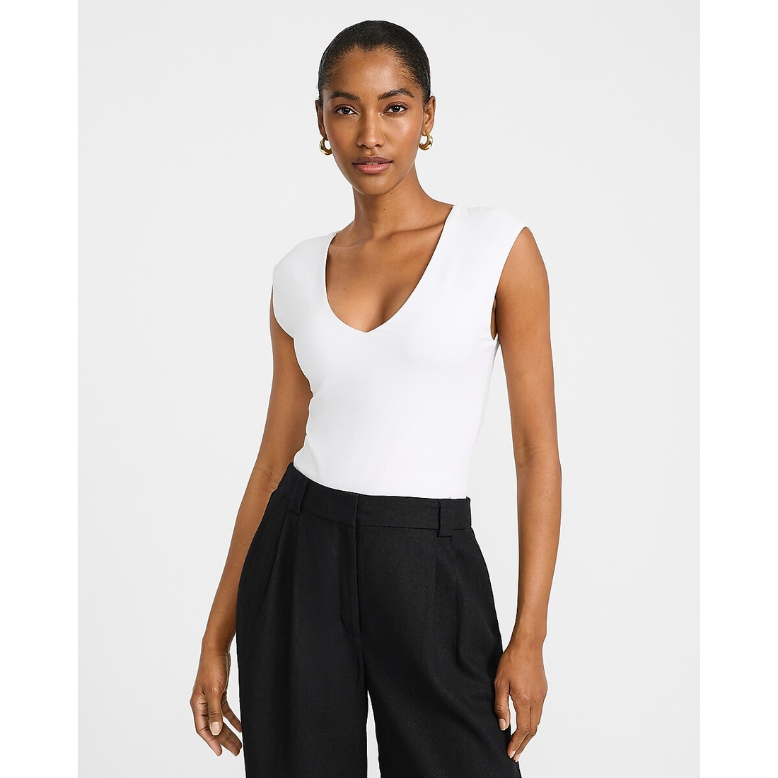 Express Body Contour Light Compression Cap Sleeve Bodysuit in Stretch Cotton