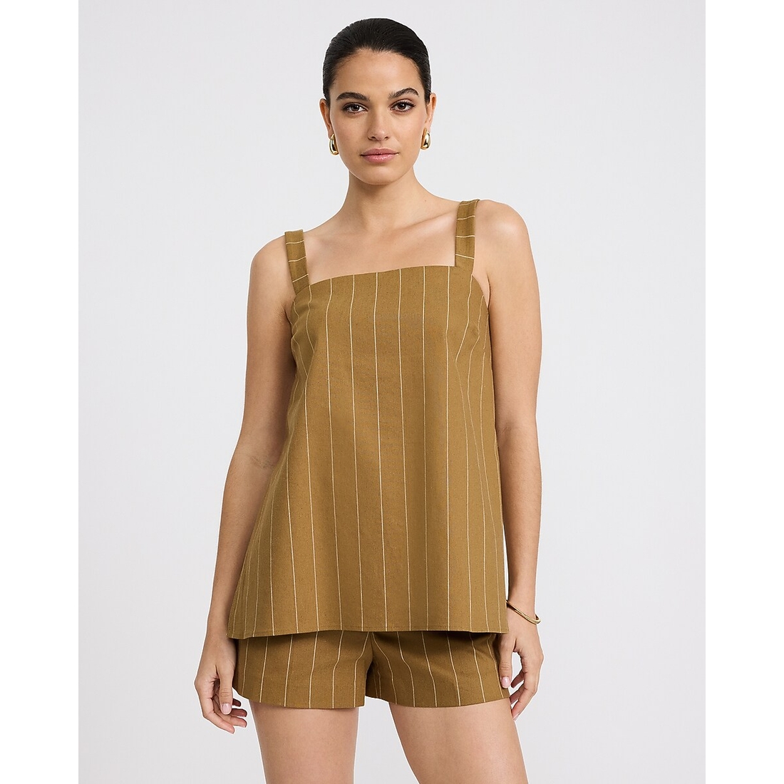 Express Linen-Blend Striped Square Neck Tailored Tunic Cami