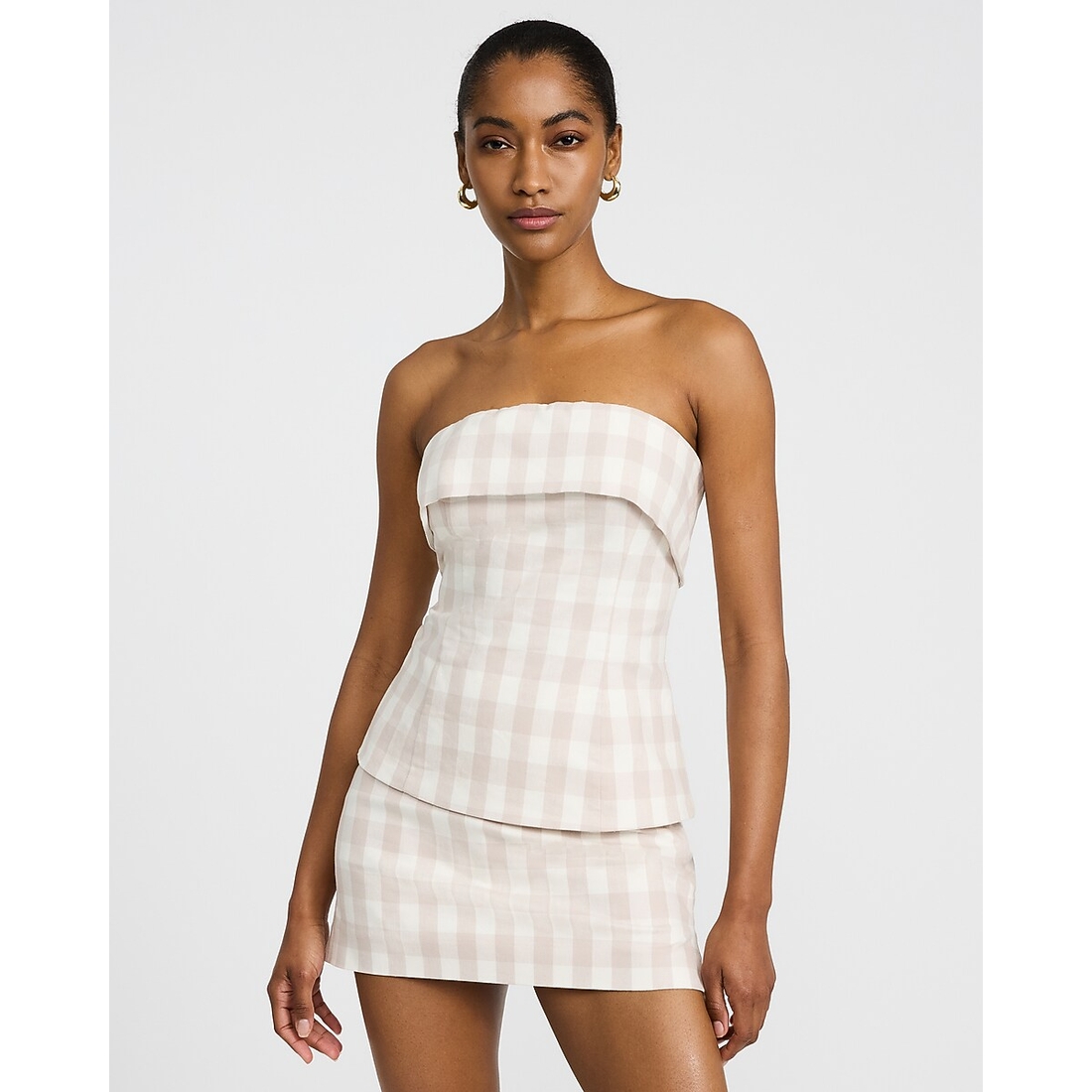 Express Linen-Blend Gingham Fold Over Strapless Tailored Top