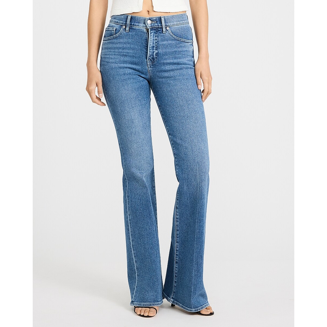 Express High Waisted '70s Flare Medium Wash Jeans in Hyper Stretch