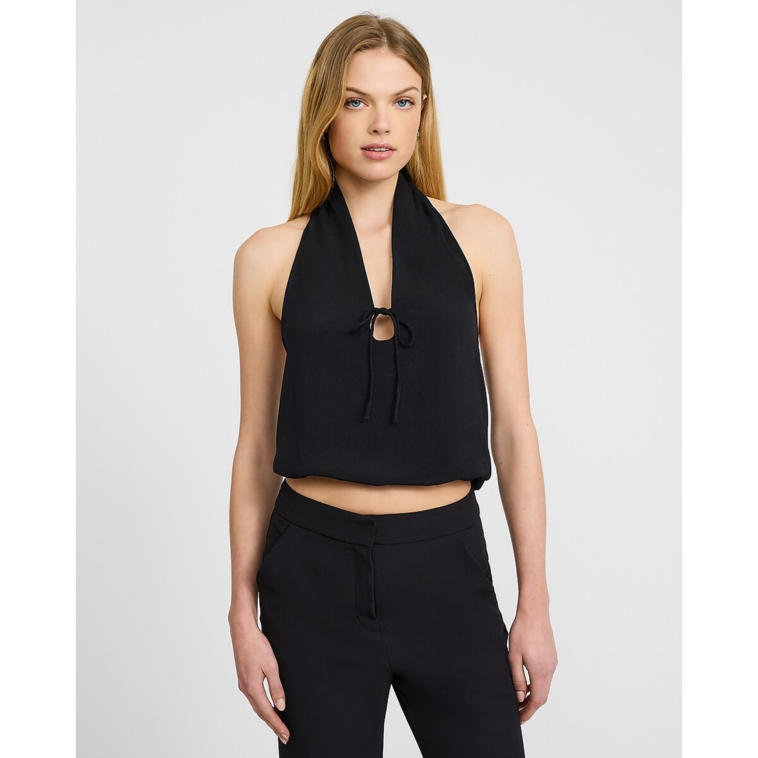 Express Halter V-Neck Tie Front Keyhole Bubble Tank
