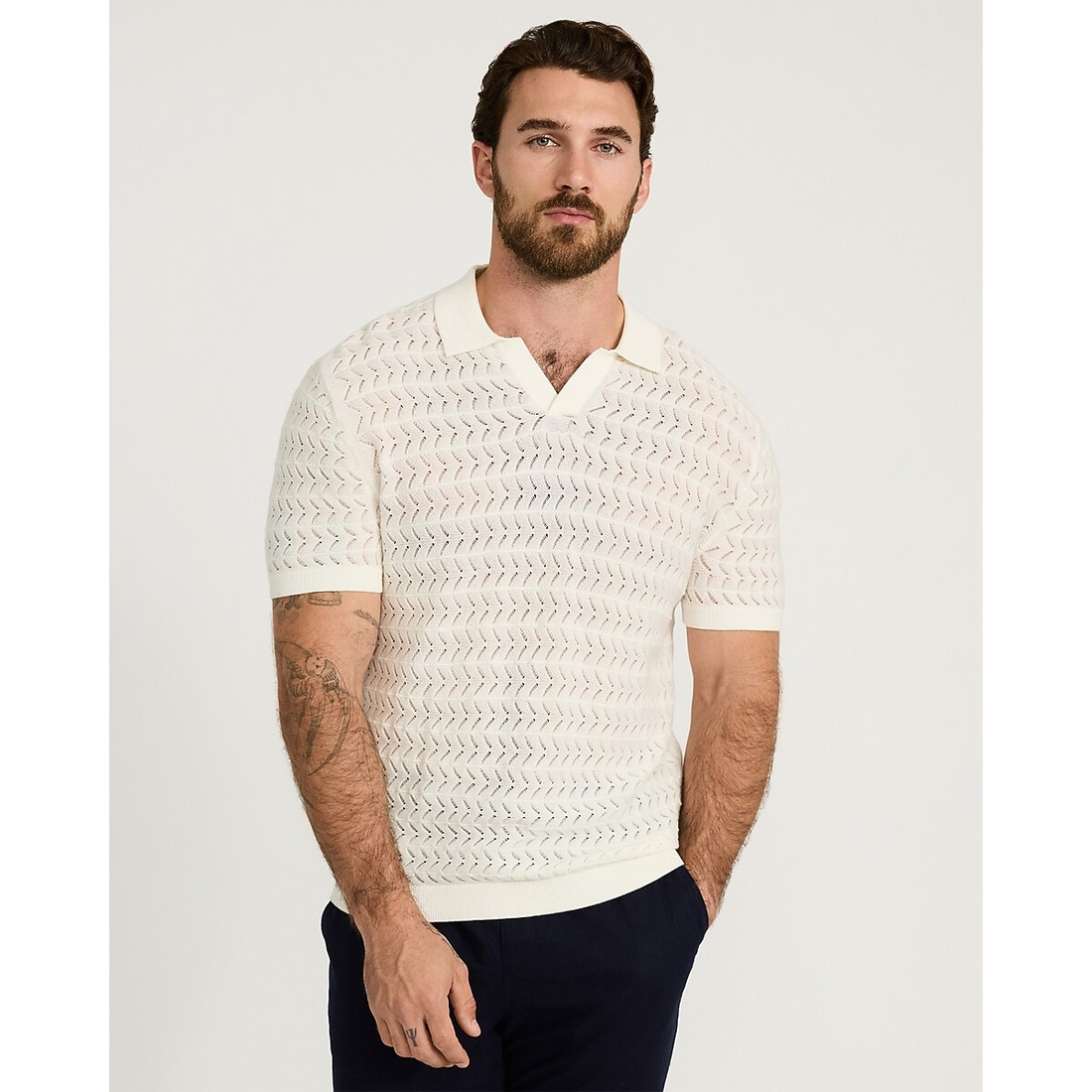 Express Cotton Crescent Open Knit Pointelle Johnny Collar Short Sleeve Sweater Polo
