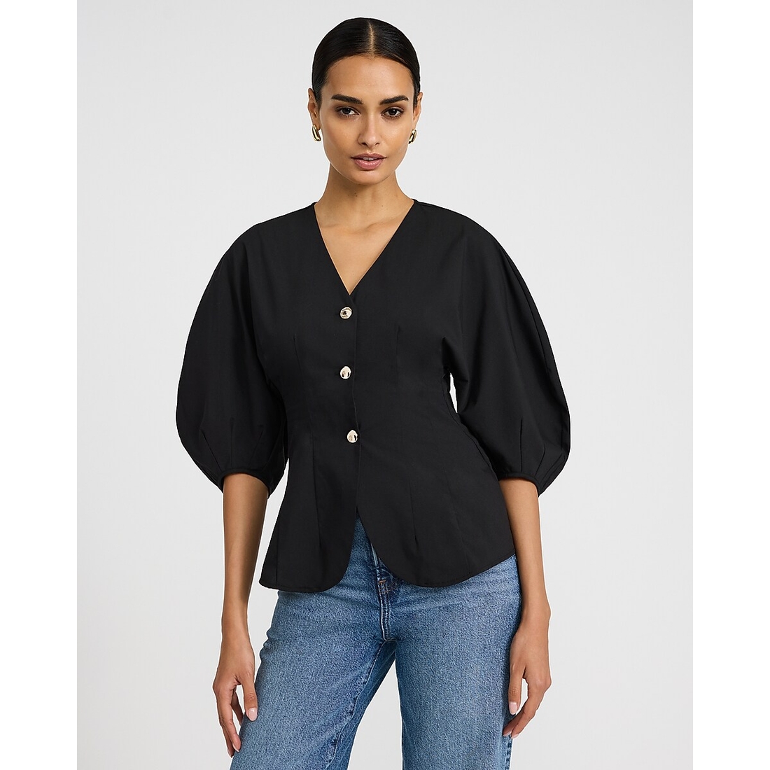 Express V-Neck Puff Sleeve Gold Button Cutaway Top