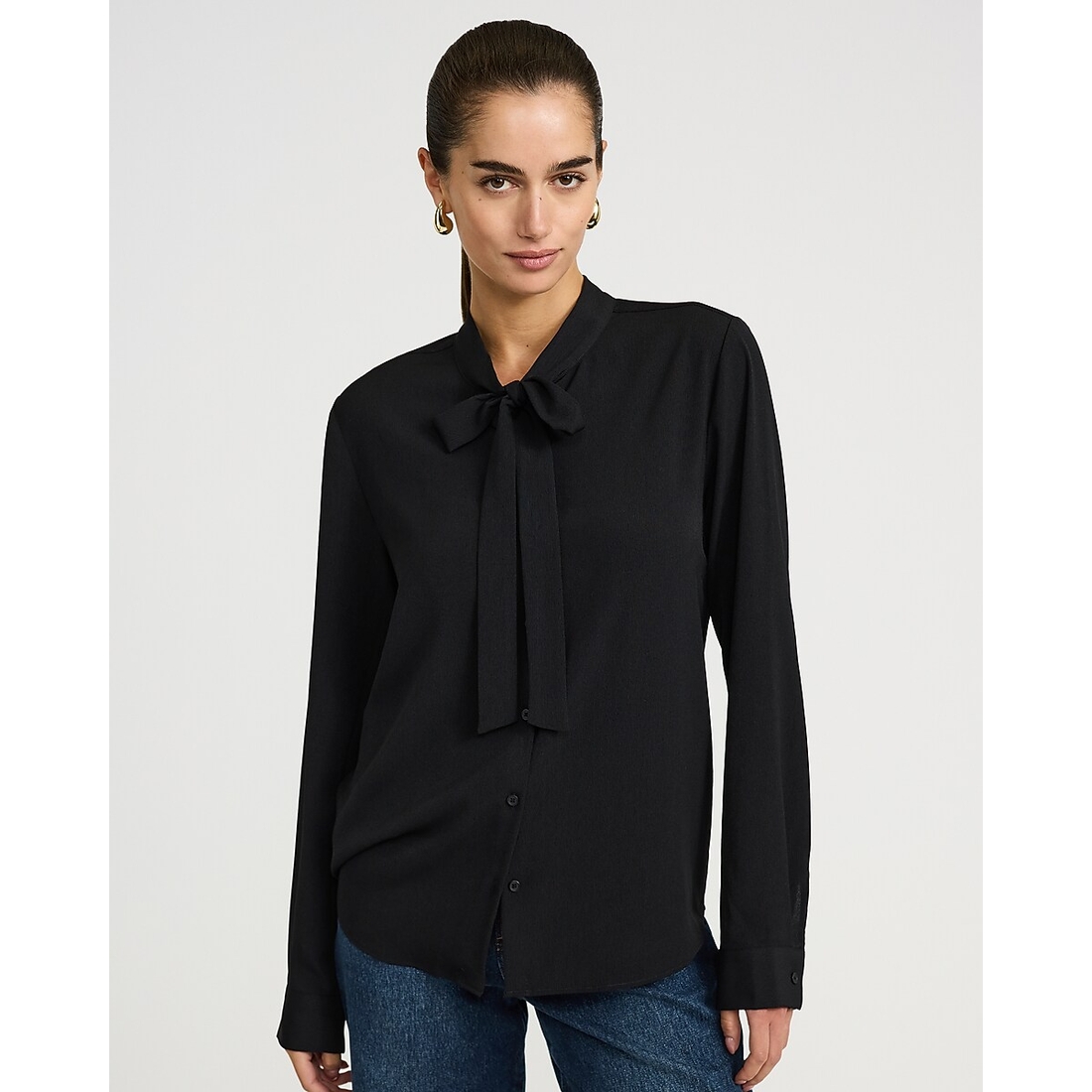 Express Tie Neck Long Sleeve Button Front Top