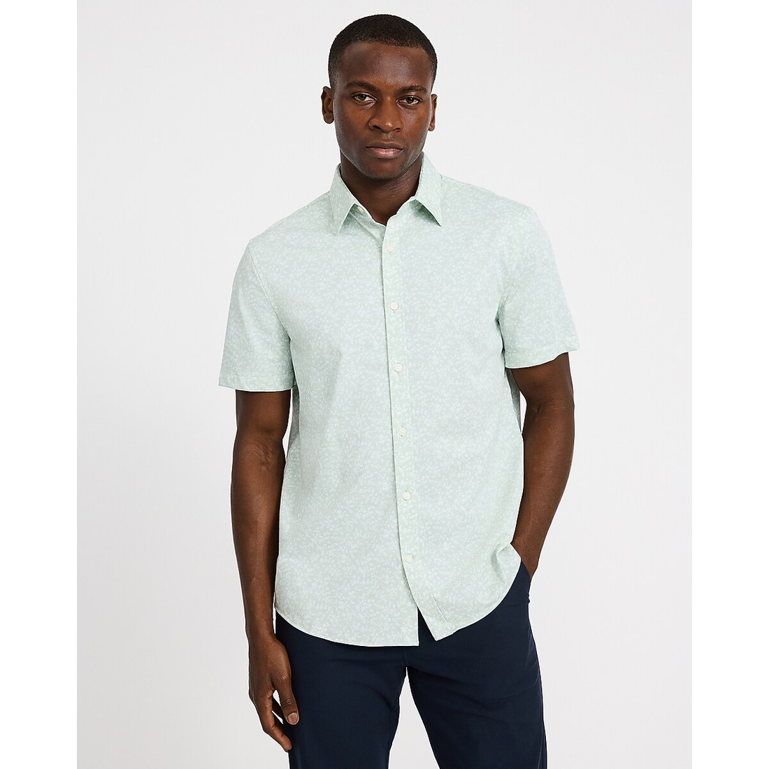 express button down dress shirt Solid Blue Wrinkle-resistant Everyday Performance Short Sleeve Dress Shirt