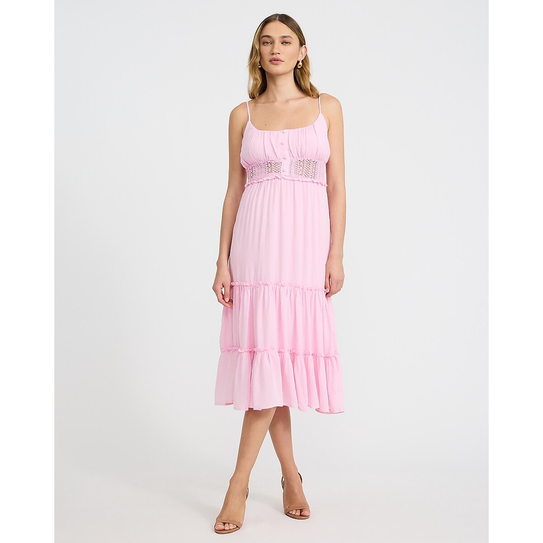 Express Scoop Neck Button Front Smocked Back Tiered Midi Dress