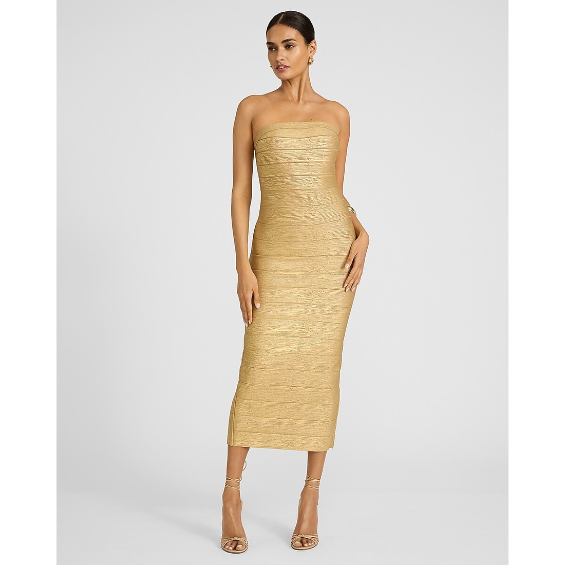 green emerald velvet dress Zuma Gold Metallic Jacquard Strapless Midi Dress  Club L London