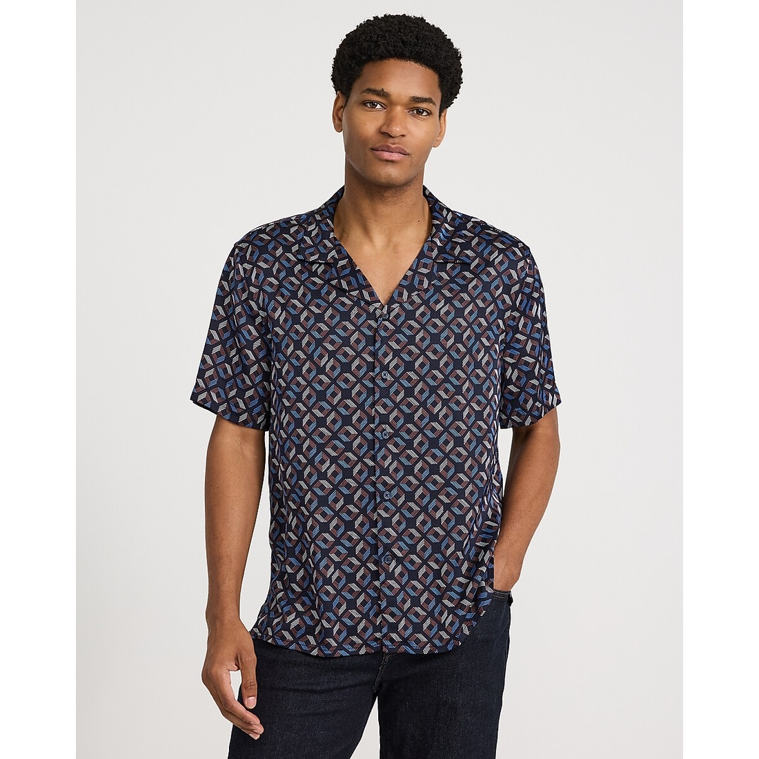 Express Geo Cube Print Short Sleeve Resort Shirt