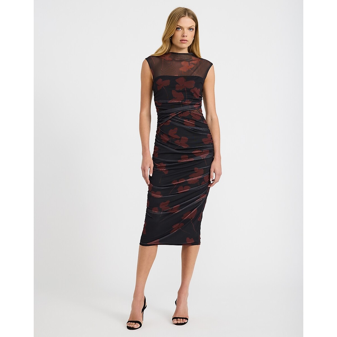 Express Printed Mesh Mock Neck Ruched Cutout Midi Dress