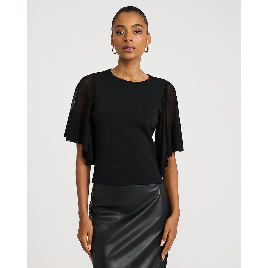 Express Crew Neck Flutter Sleeve Sweater in Silky Soft