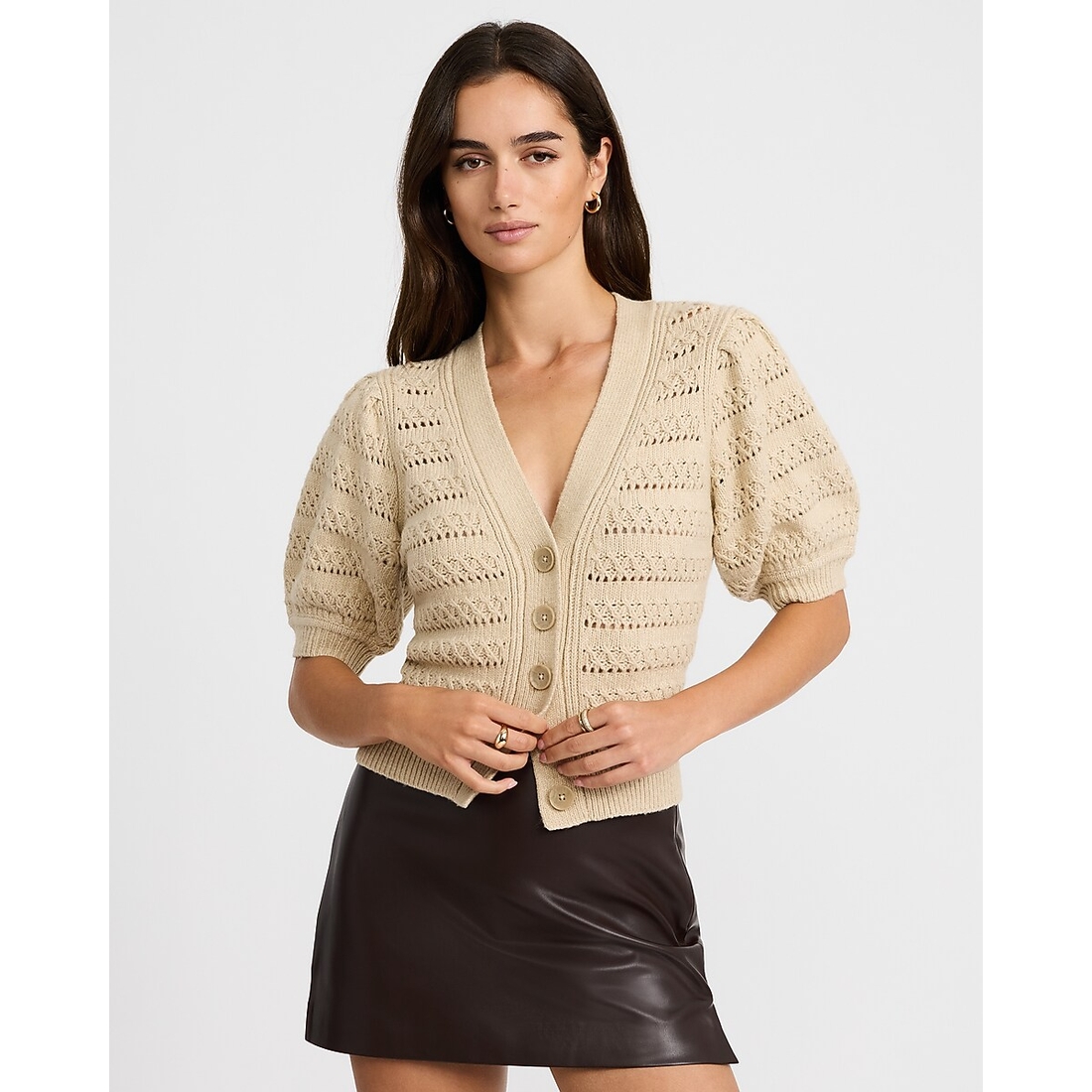 Express Pointelle V-Neck Puff Sleeve Cardigan