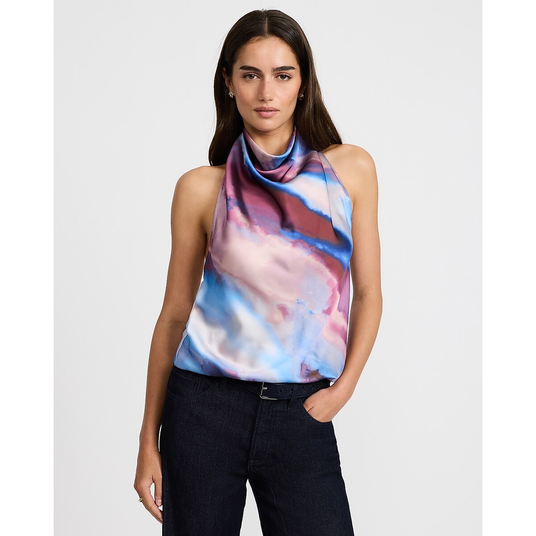 Express Satin Printed Halter Cowl Neck Tank