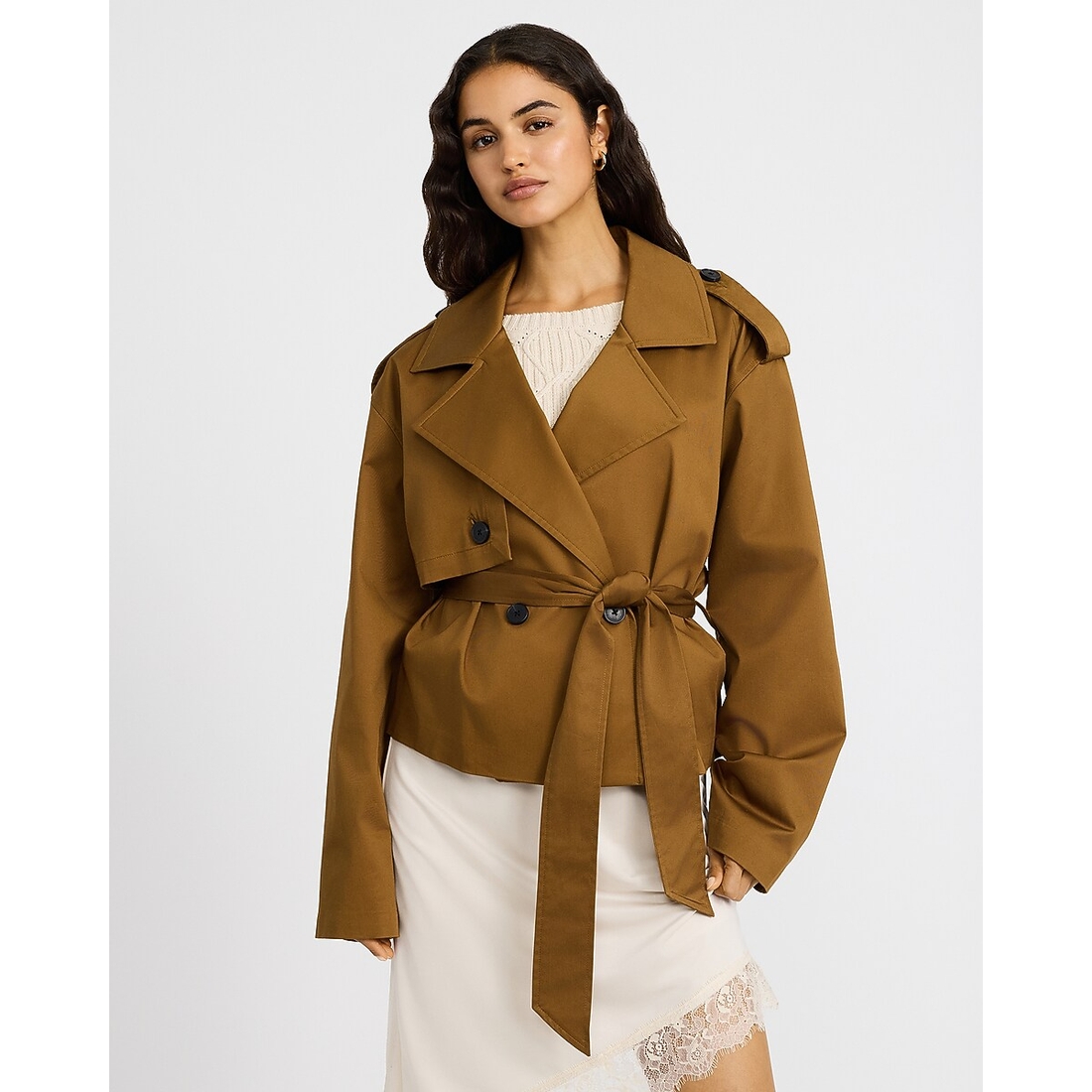 Express Double Breasted Cropped Belted Trench Coat