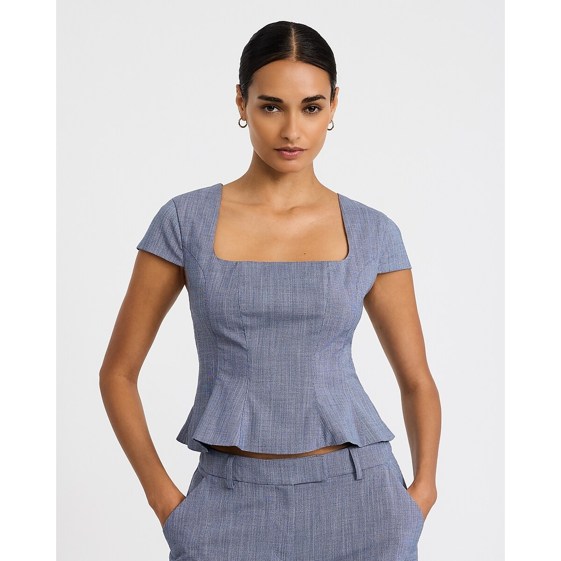 Express Lightweight Textured Square Neck Tailored Peplum Top
