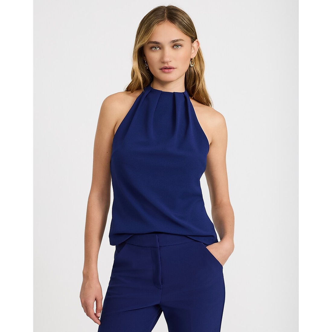 Express Halter Neck Pleated Tank in Studio Stretch Crepe