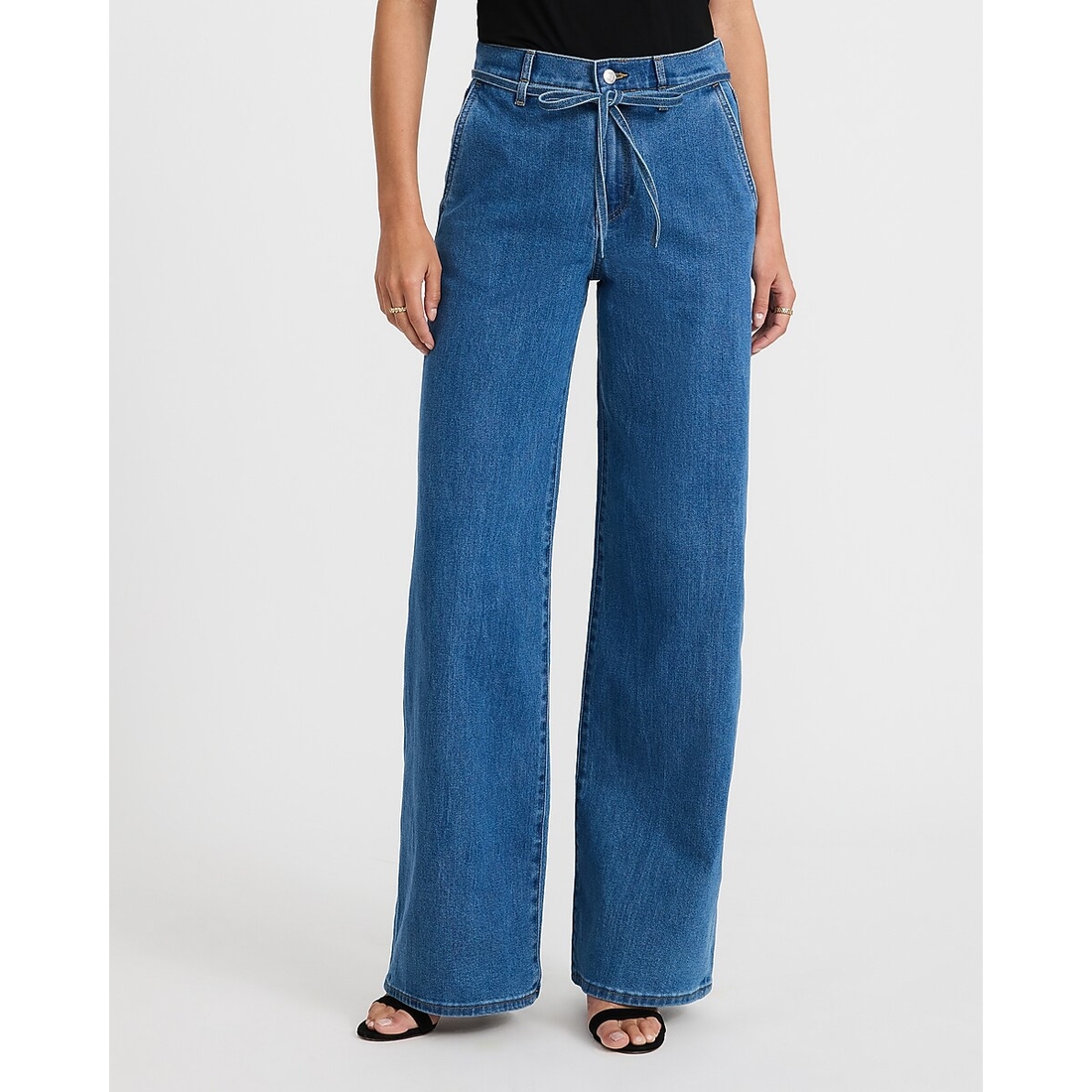 Express High Waisted Drawstring Wide Leg Medium Wash Jeans