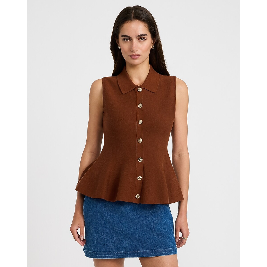 Express Cotton Crew Neck Gold Button Front Peplum Sweater Polo
