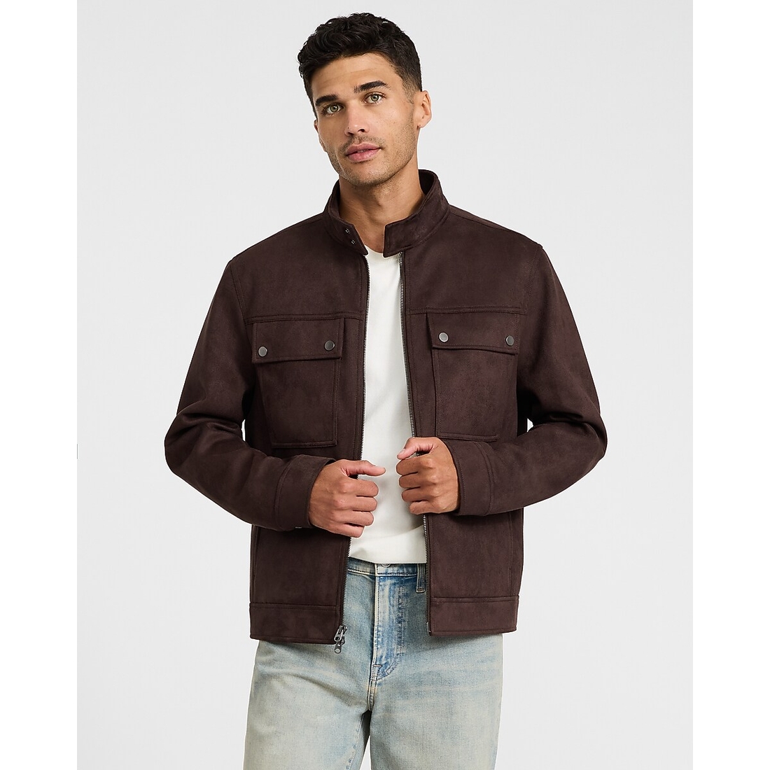 Express Espresso Faux Suede Double Snap Pocket Jacket