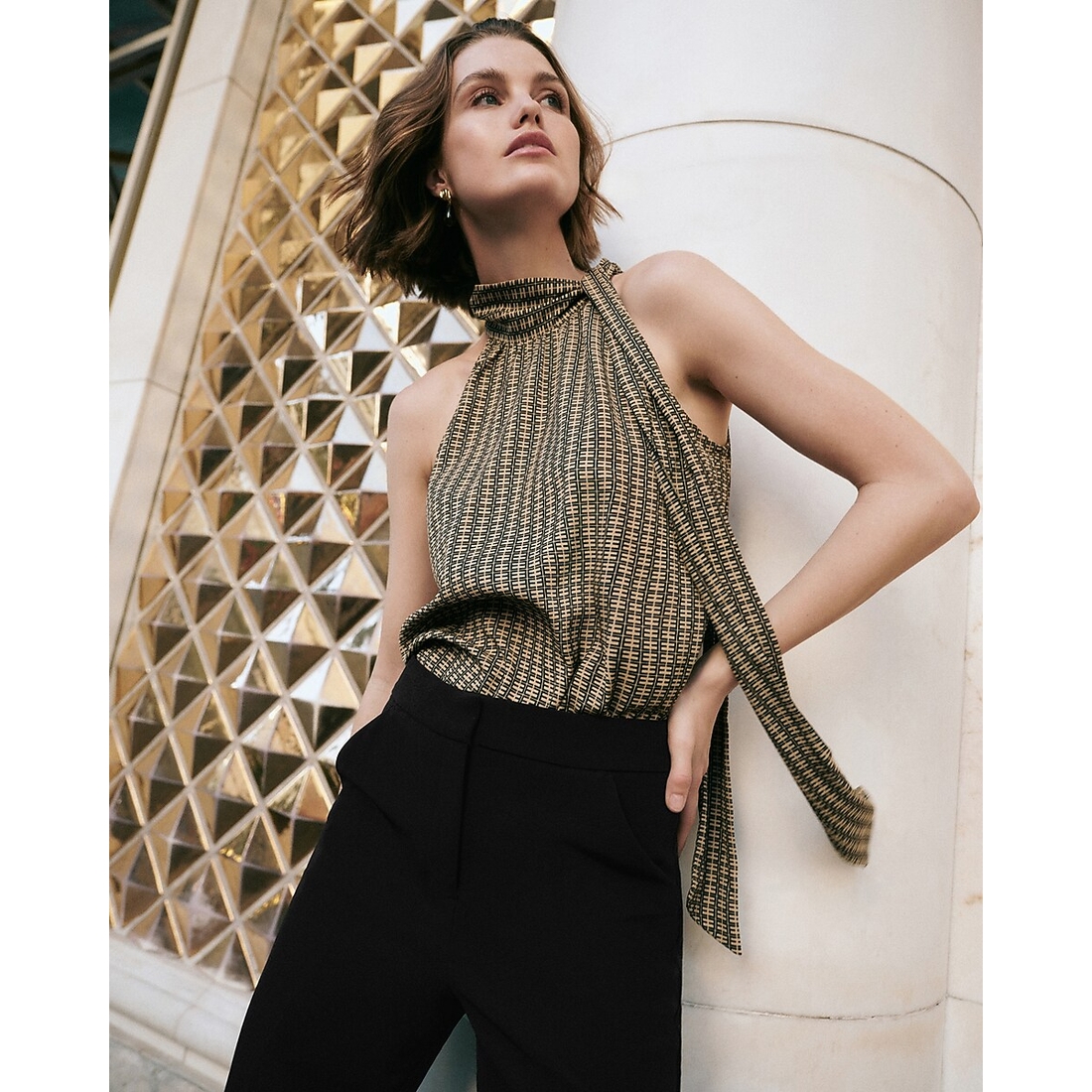 Express Printed Tie Mock Neck Scarf Top