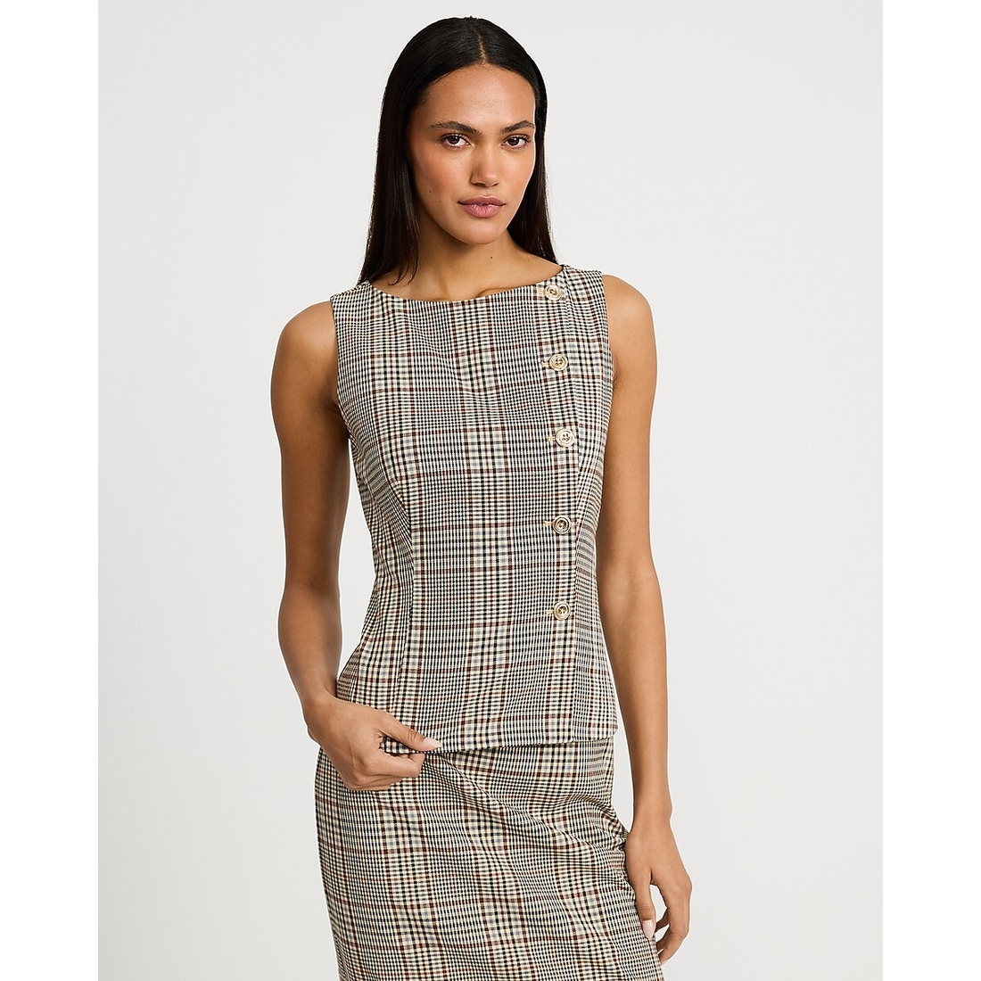 Express Plaid Boat Neck Gold Button Tailored Top
