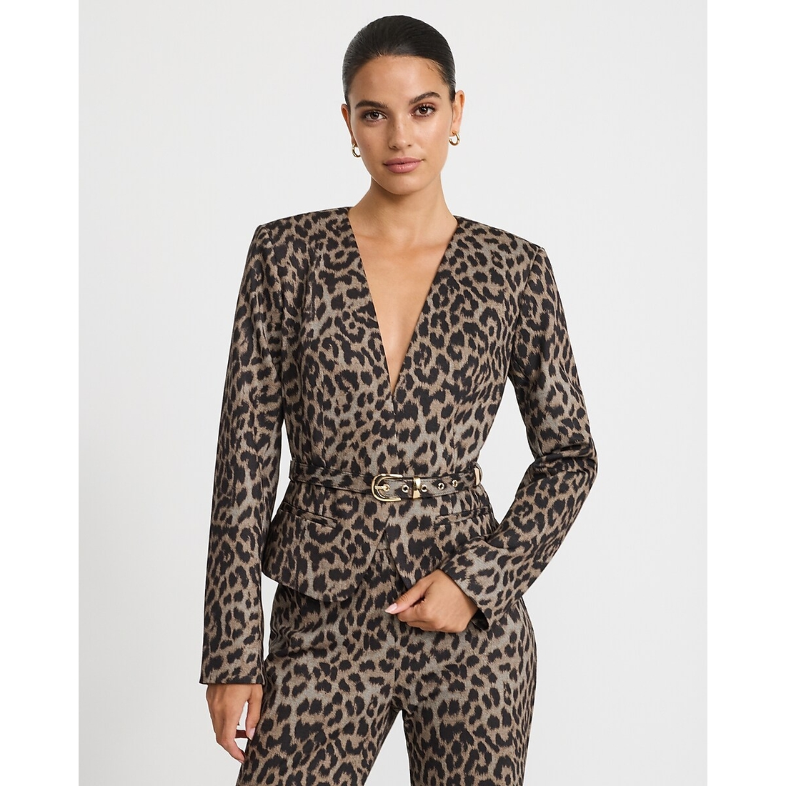 Express Leopard Collarless Belted Blazer in Signature Ponte