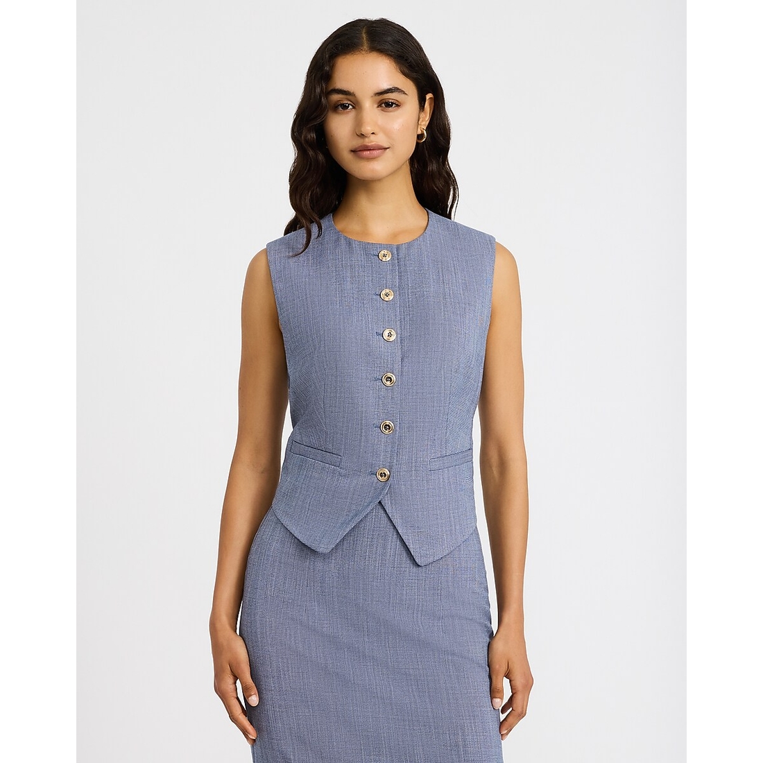 Express Lightweight Textured Crew Neck Gold Button Blazer Vest