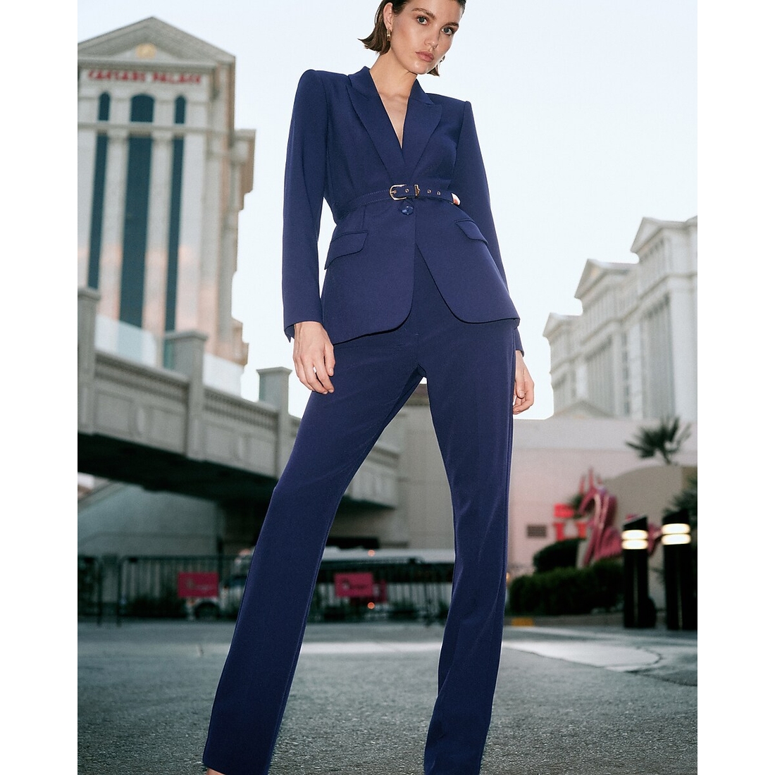 Express Long Slim Belted Blazer in Studio Stretch Twill