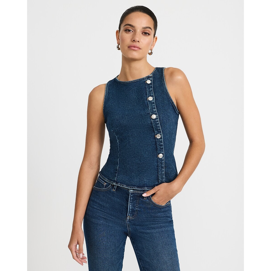 Express Stretch Denim Crew Neck Button Front Peplum Tank