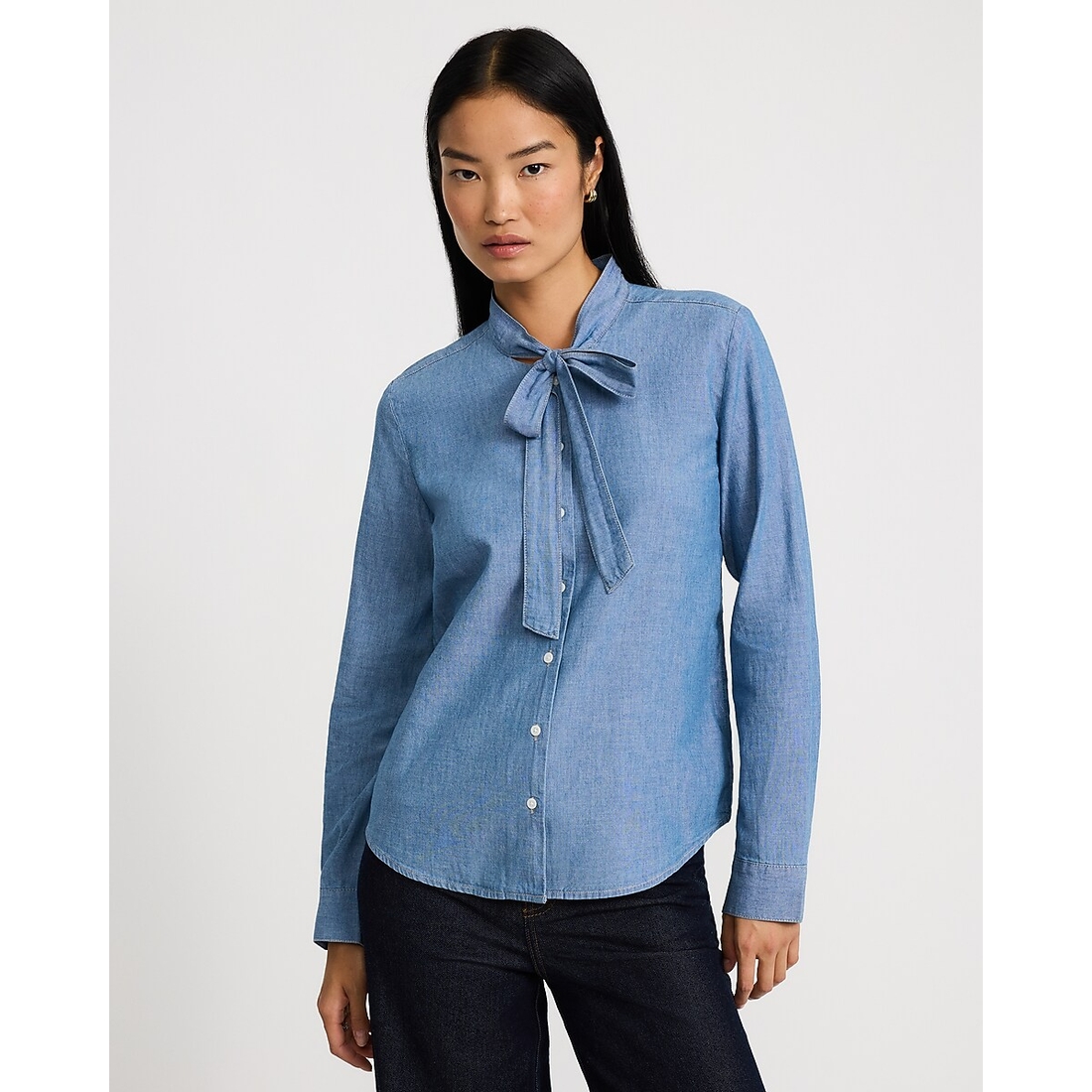 Express Cotton Denim Tie Neck Button Front Top