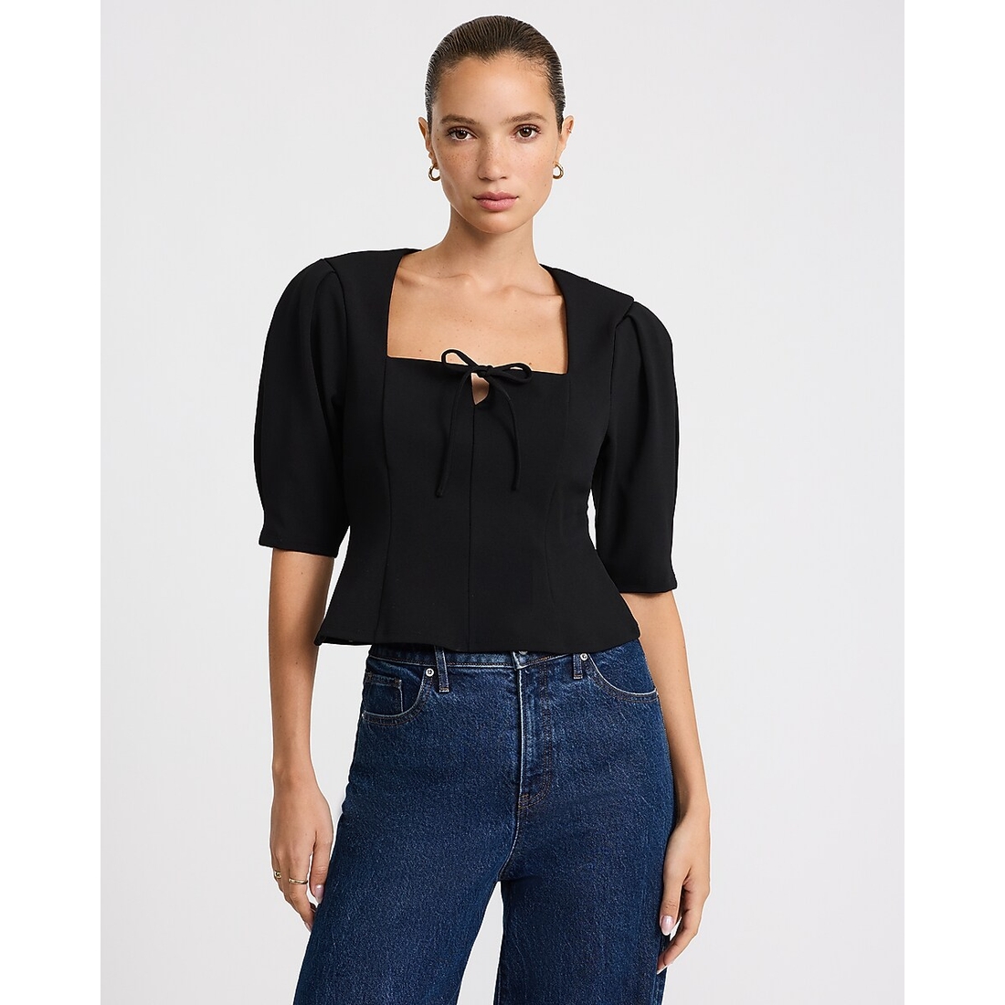Express Bow Front Puff Sleeve Top in Studio Stretch Crepe