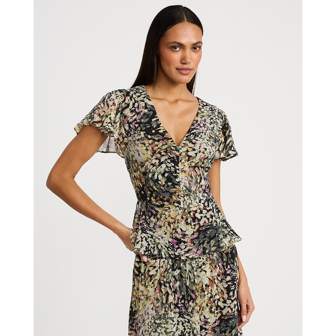 Express Floral Chiffon V-Neck Flutter Sleeve Peplum Top