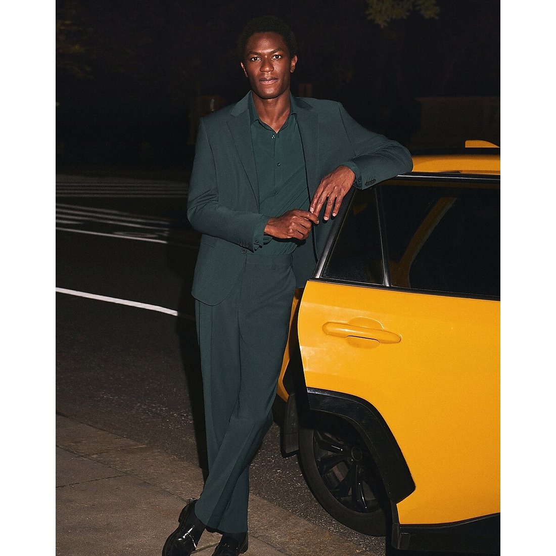 Express Slim Dark Green Wool-Blend Washable Modern Tech Suit Pant