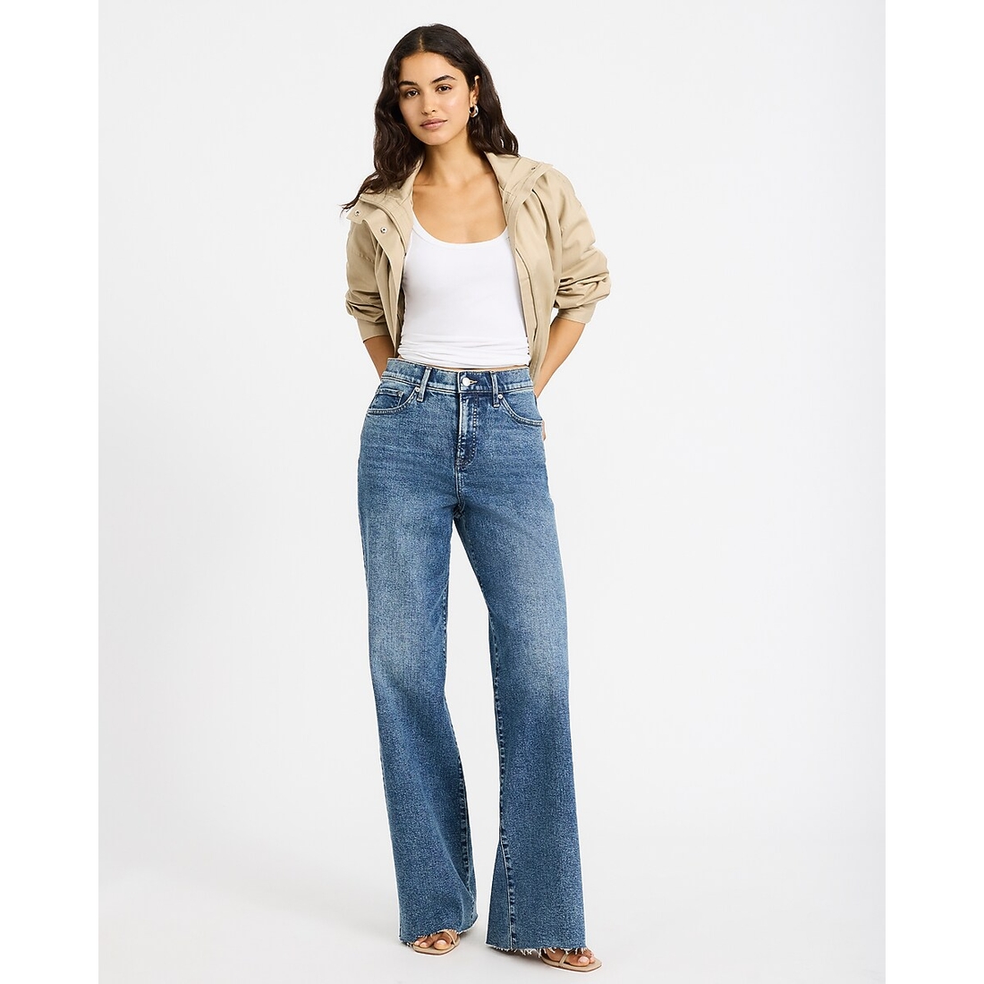 Express High Waisted Raw Hem Wide Leg Dark Wash Jeans