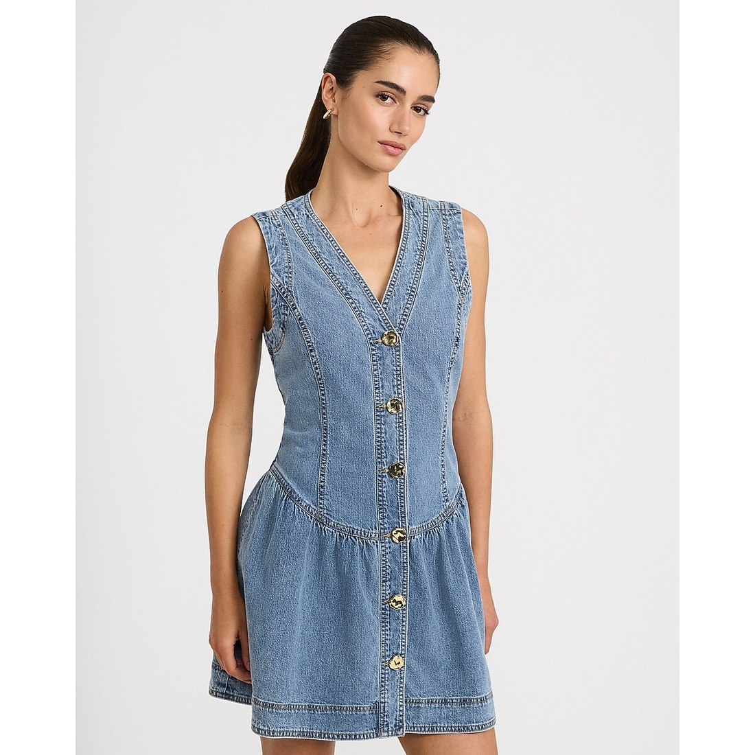 Express Stretch Denim V-Neck Button Front Drop Waist Mini Dress with Pockets