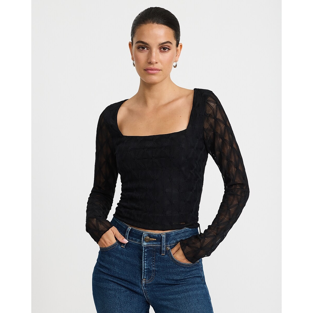 Express Lace Square Neck Long Sleeve Top