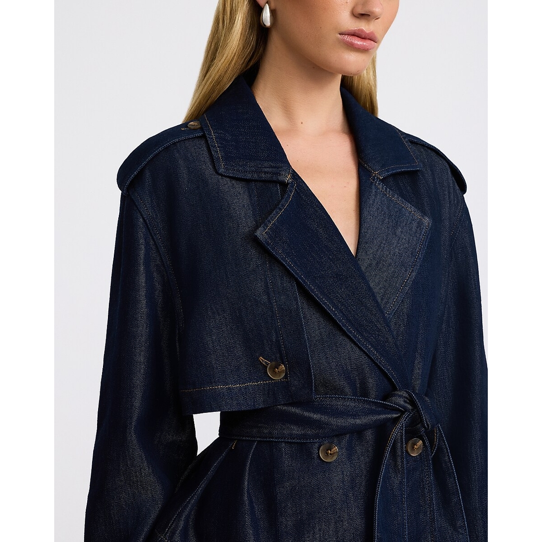 Express Denim Double Breasted Cropped Belted Trench Coat