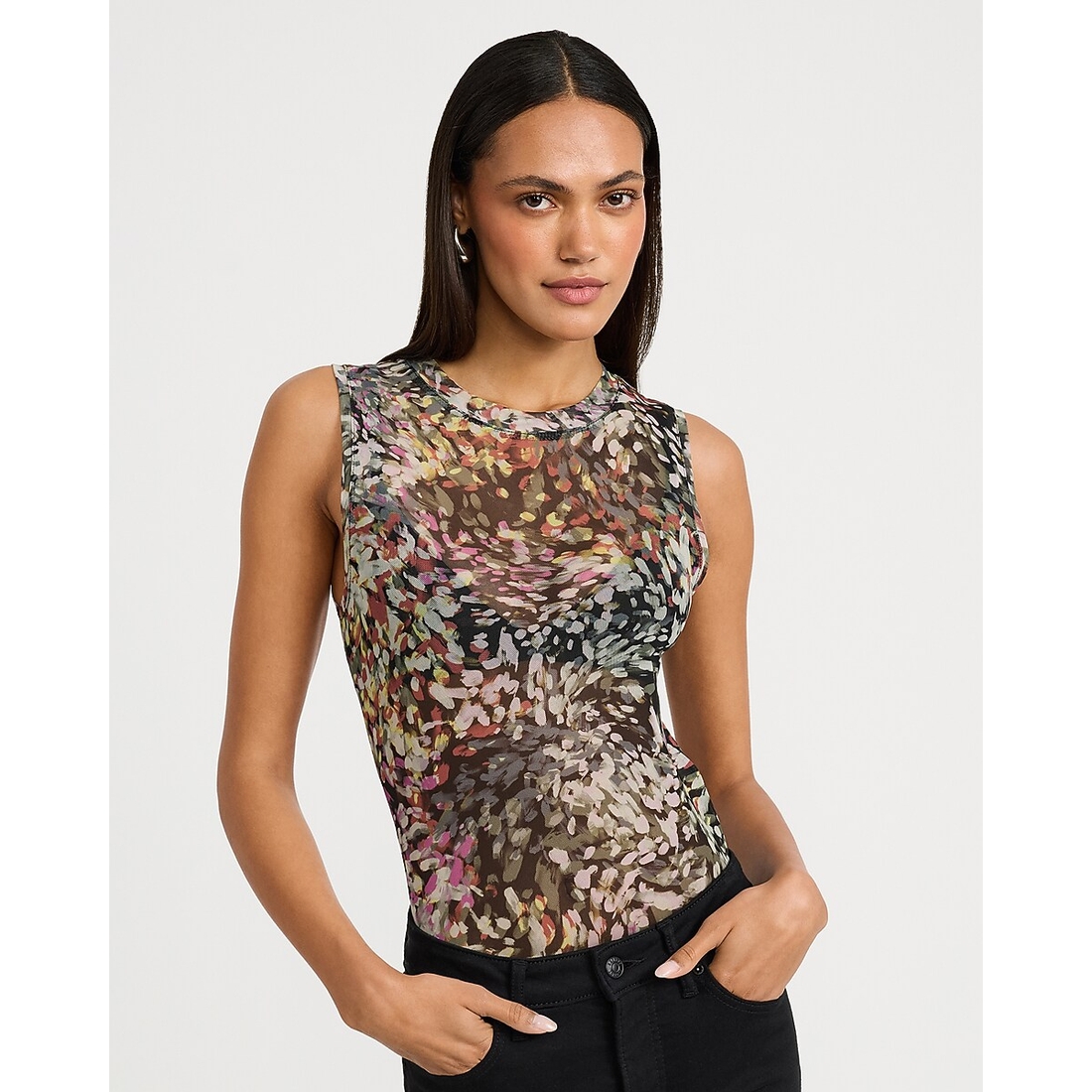 Express Sheer Mesh Printed Crew Neck Sleeveless Bodysuit